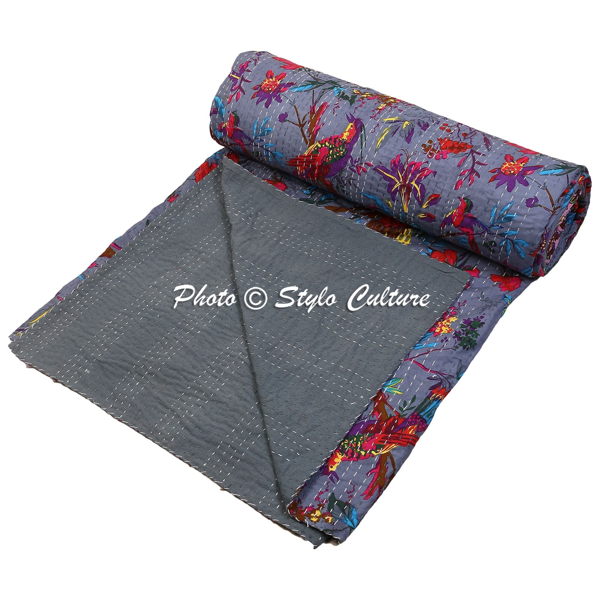 Bedspread Double Bed Hand Stitch Kantha Bedding Printed Cotton Decor Bird Bedding Grey-image-43