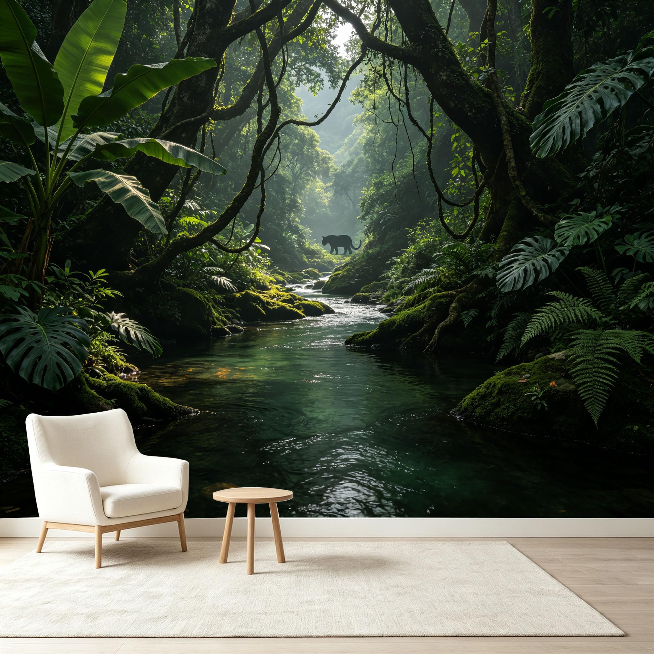 Custom Size Wall Murals Tropical Jungle Rainforest Stream Panther Wildlife Self-Adhesive Wall Fabric Removable Wallpaper Wall Decor for Living Room Bedroom Bathroom