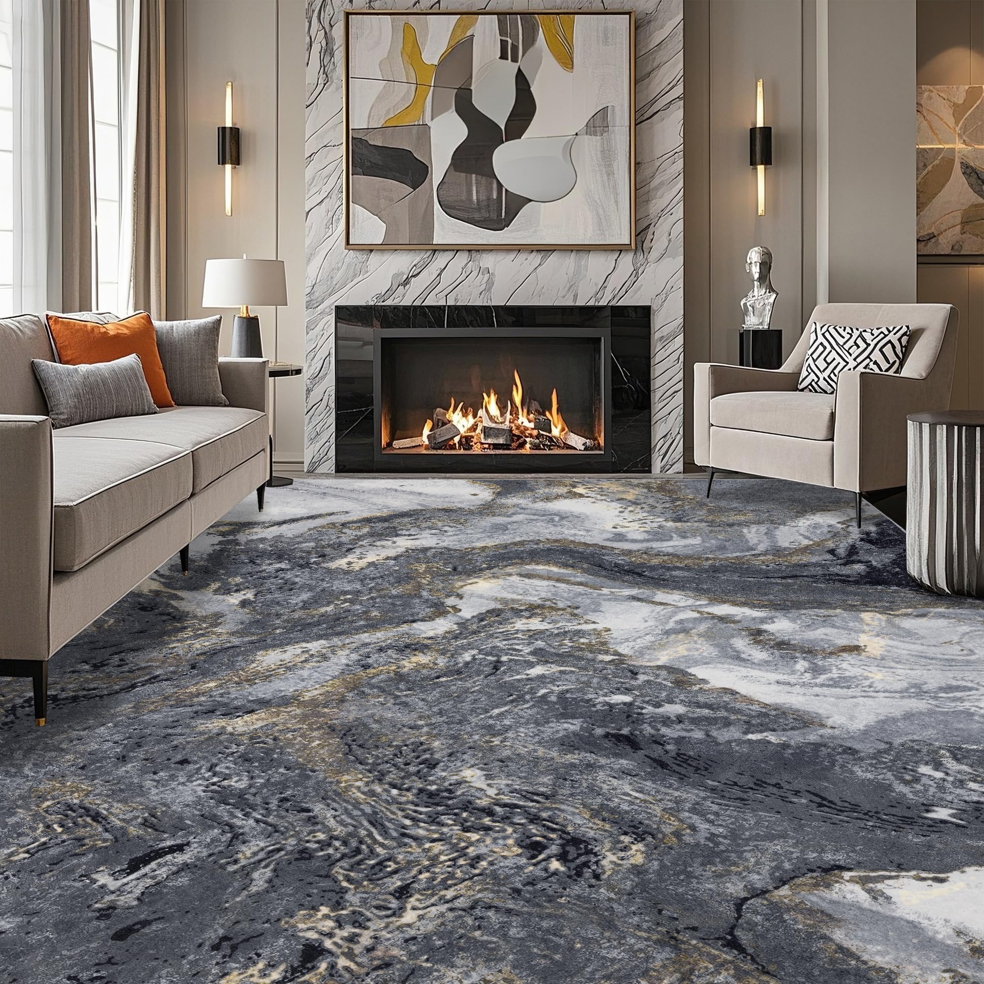 Luxcrest Abstract 9x12 Area Rugs: Modern Washable Rug for Living Room Bedroom Dining Room Indoor - Thin Low Pile Non-Slip Large Carpet - Black Gold