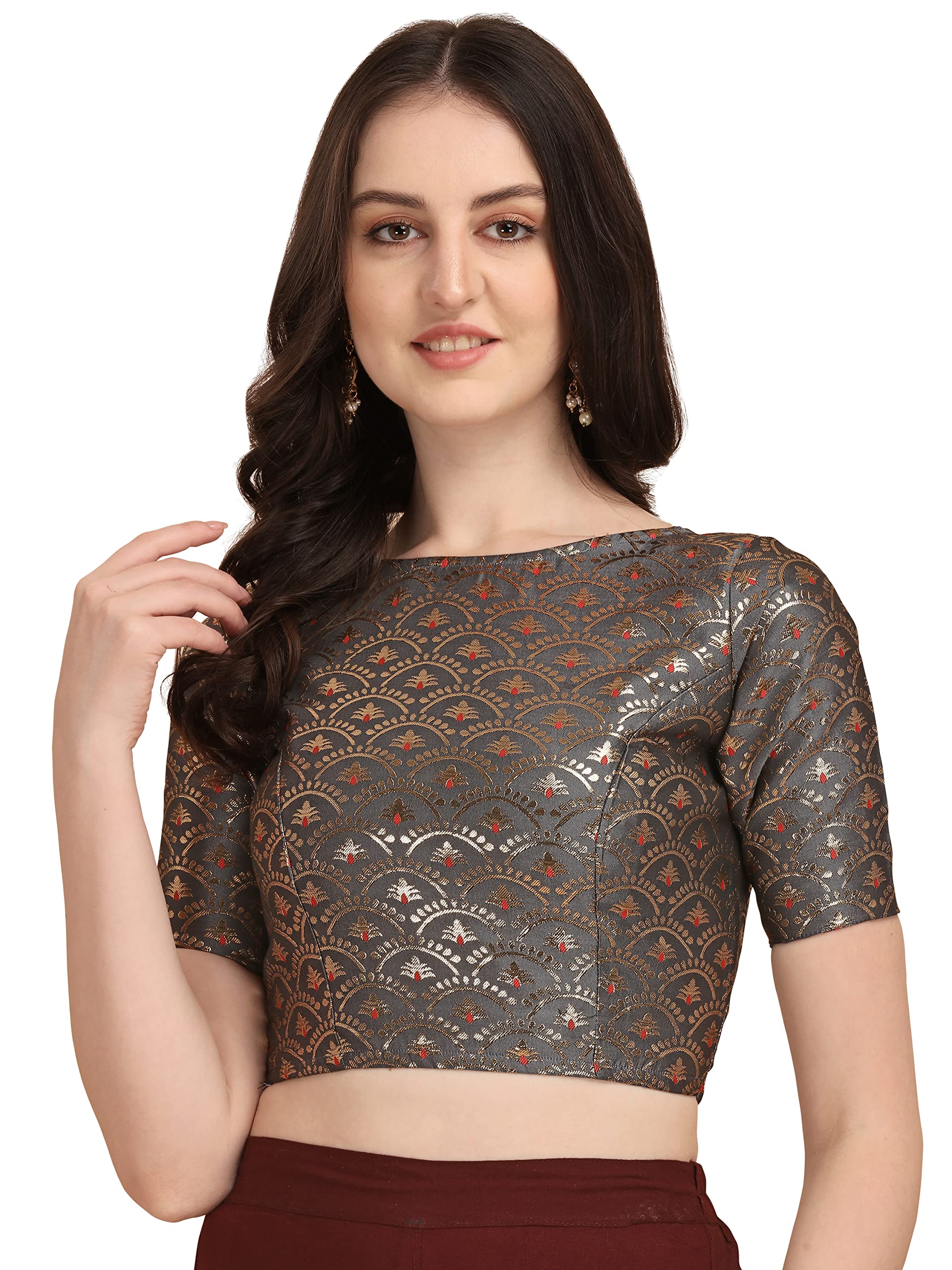 Oomph! Women's Indian Ethnic Wear Designer Zari Work Boat Neck Half Sleeve Cloud Grey Color Blouse For Saree Or Lehnga And Palazzos Or Skirts For A Fusion Twist.