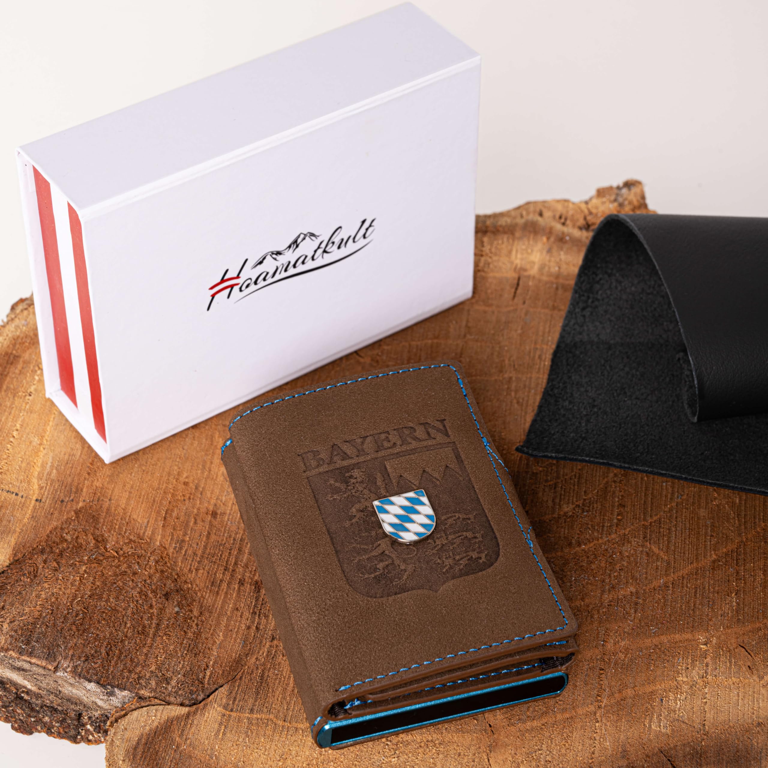 Bayern Smart Wallet Echtleder – Pop-Up Kartenetui mit Bayern Prägung, Wappen Emblem, RFID-Schutz, Münzfach & Scheinfach, personalisierbar, inkl. Geschenkbox