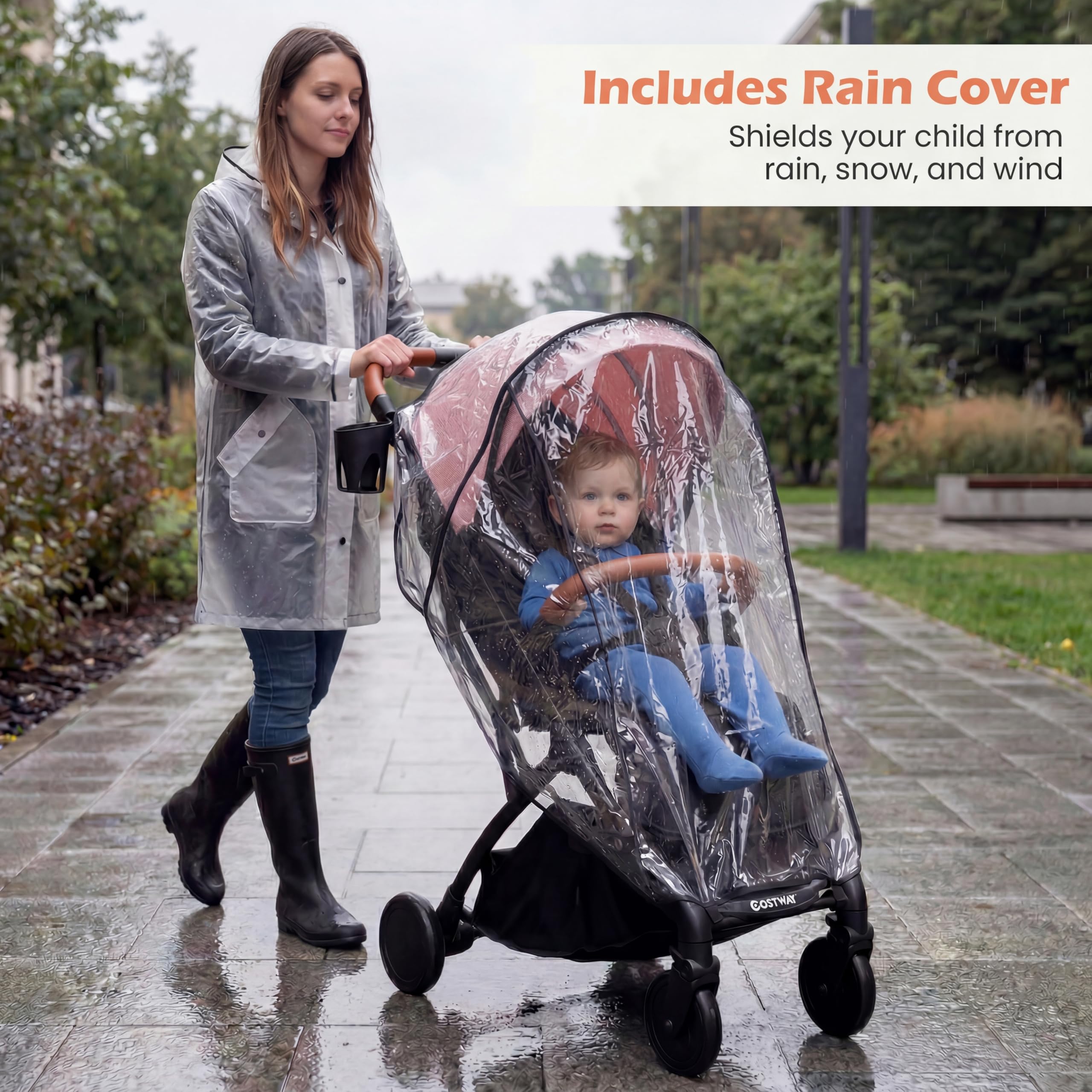 GIANTEX Silla de Paseo Ligera, Carrito Bebé Plegable con una Mano, Respaldo y Reposapiés Ajustables, Capota Extensible, Cubierta Impermeable, Cesta y Portavasos, Cochecito Bebé Compacto (Rosa)