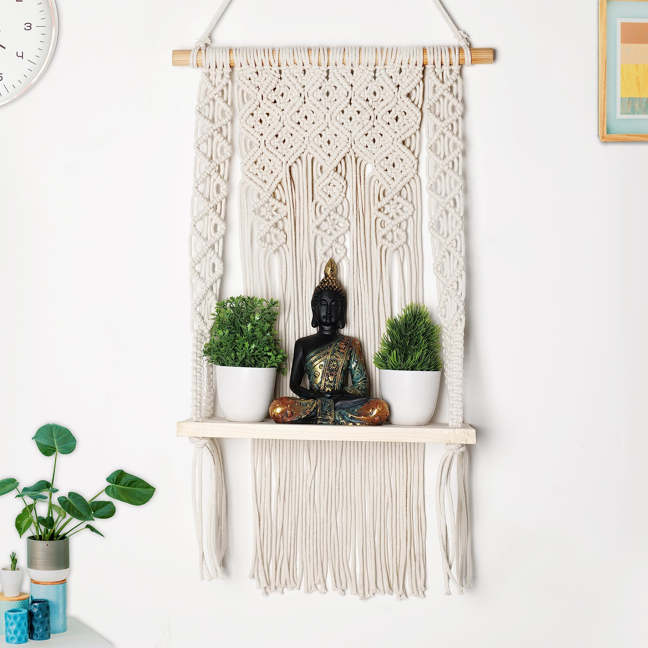 Decazone Macrame Wall Hanging Shelf Wood Floating Boho Shelves Handmade Cotton with Wooden Dowel Modern Chic Hand Woven Art Decor for Apartment Dorm Bedroom Beige