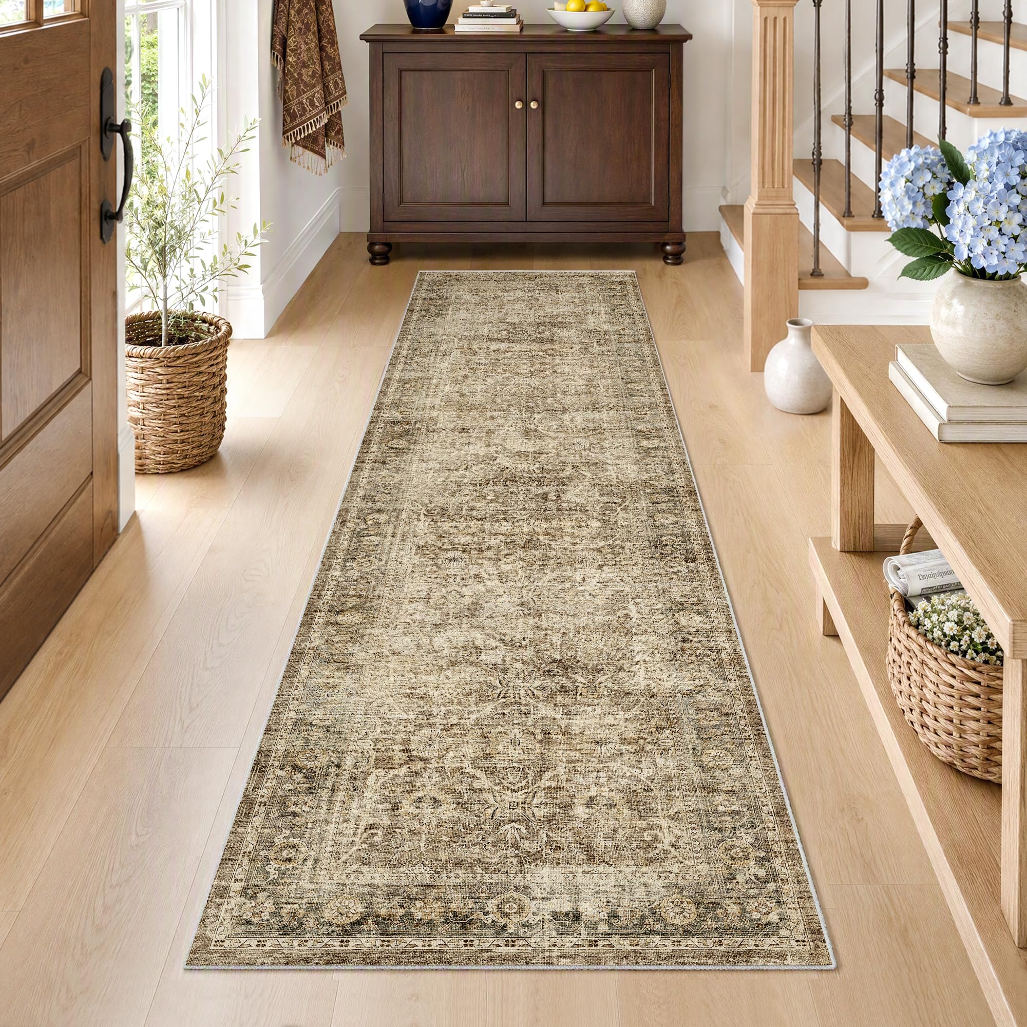 FMFUNCTEX 2x8 Hallway Runner Rug Washable Brown Neutral Vintage Distressed