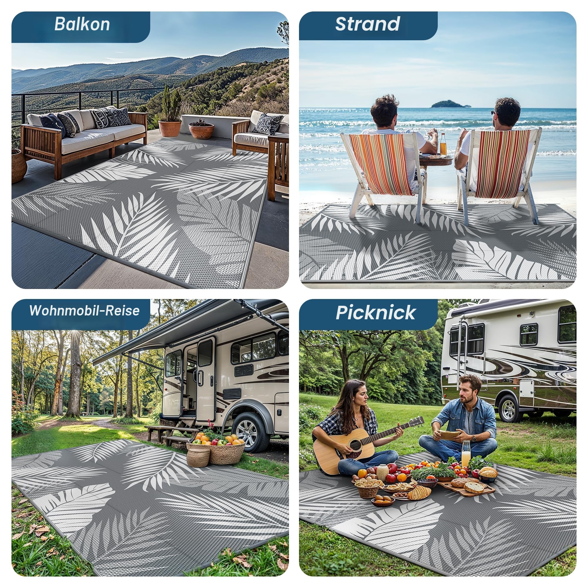 GENIMO Outdoor Teppich Wetterfest 150x240cm, Balkon Teppich mit botanischem Blattmuster, Waschbarer, Polypropylen-Teppich für Camping, Garten, Wohnmobil, Terrasse & Hinterhof – Grau & Weiß