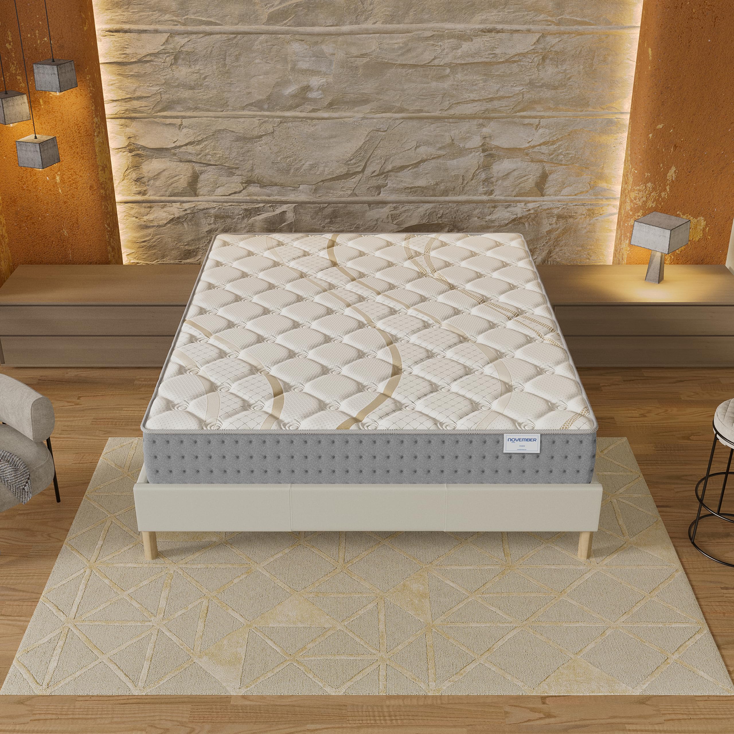 NOVEMBER- Ensemble Matelas + sommier (120 x 190cm)- Matelas Essem Ressorts ensachés & Mousse Haute Densité d’épaisseur 25cm + Sommier Bois Stable & Robuste revêtement Tissu Blanc
