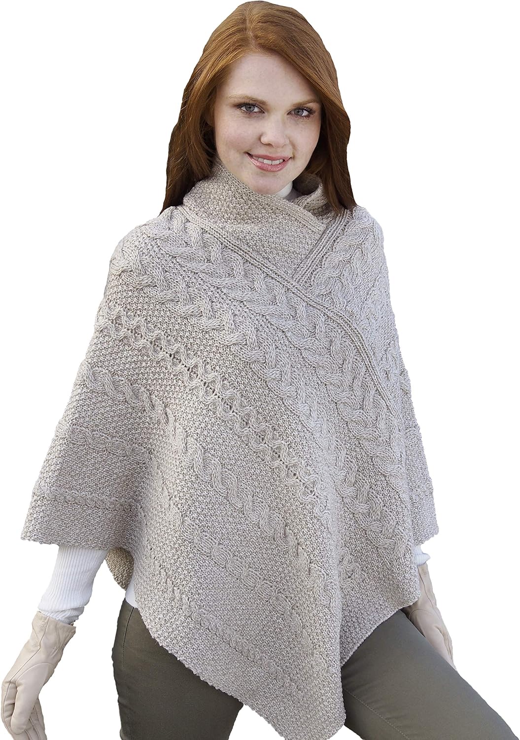 Aran Crafts Women's Irish Soft Cable Knitted Poncho Cape (100% Merino Wool)