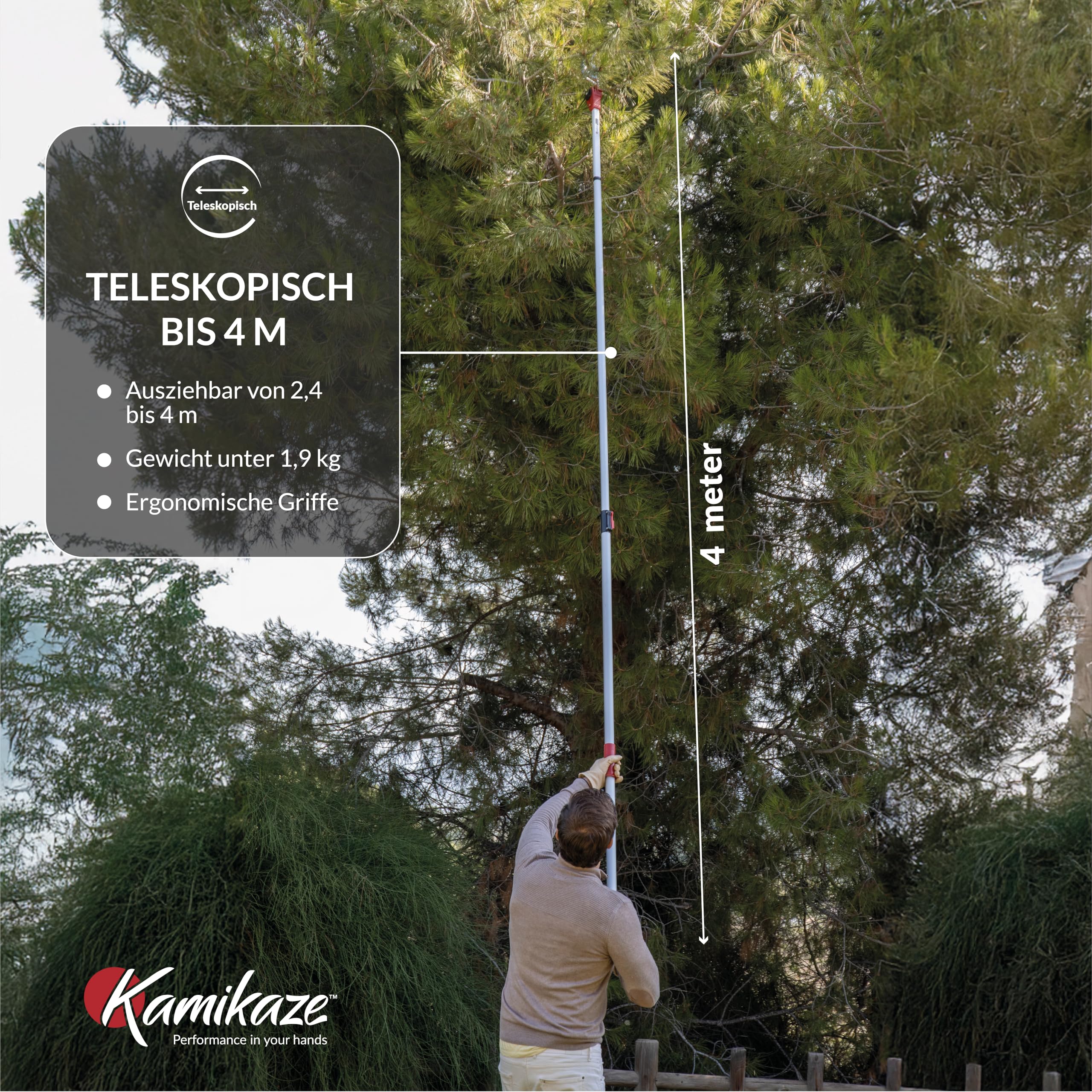 KAMIKAZE Teleskop-Astschere Schneidgiraffe 2,4–4 m ausziehbar, manuelle Hochentaster Astschneider, Seilzug-Kraftsystem, drehbarer Schneidkopf, SK5 Stahlklinge, Astschnitt Baumschnitt bis 32 mm