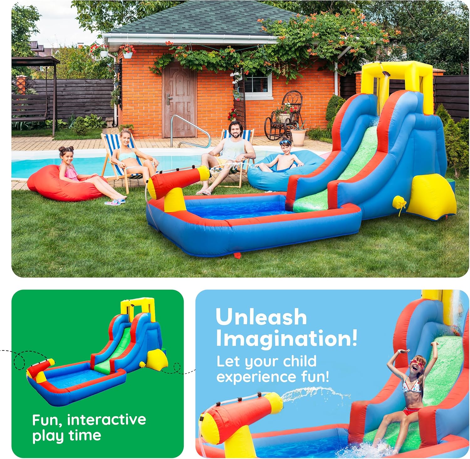PicassoTiles KC108 Kids Inflatable Slide Park with Pool Splash Zone, Bouncing House, Climbing Wall, Built-in Sprayers, Cannon Mount, and Heavy Duty GFCI ETL Certified 385W Blower Outdoor Summer Fun