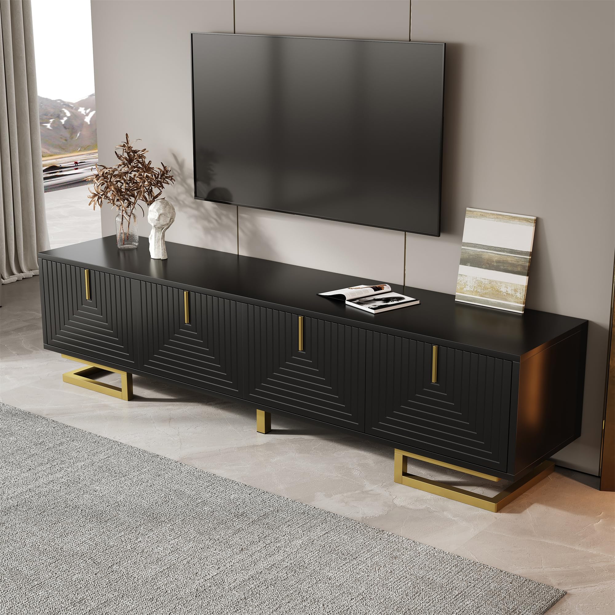 TV-Schrank,Lowboard mit strukturierten Türen,TV-Möbel,Goldene Griffe und Goldene Beine 40x160cm (Schwarz)
