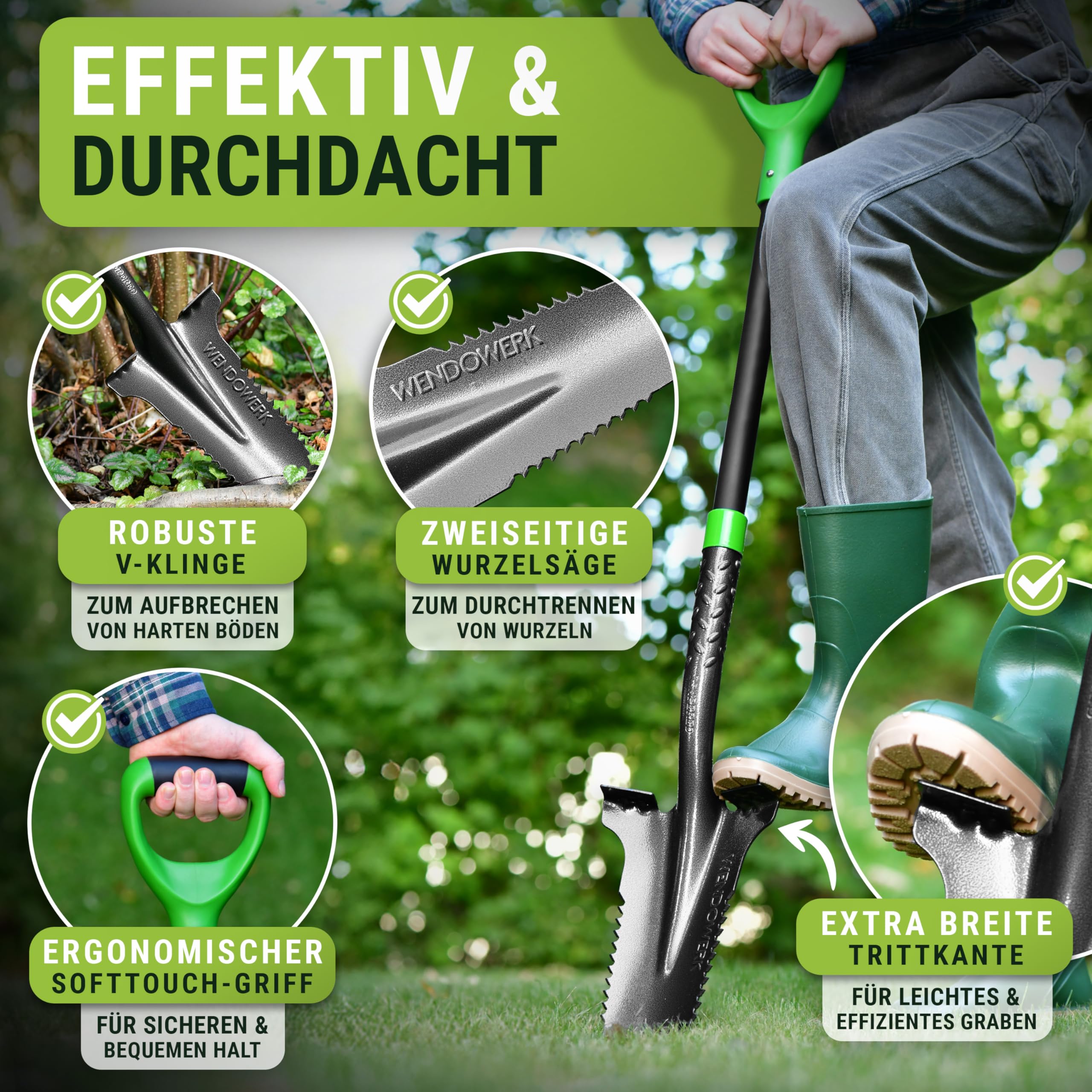WENDOWERK®️ Spaten mit Wurzelsäge - Wurzelspaten mit extra breiter Trittfläche für harte Böden & ergonomischen Griff - Spaten mit Wurzelsäge für einfaches Graben im Garten - Stabiler Gartenspaten