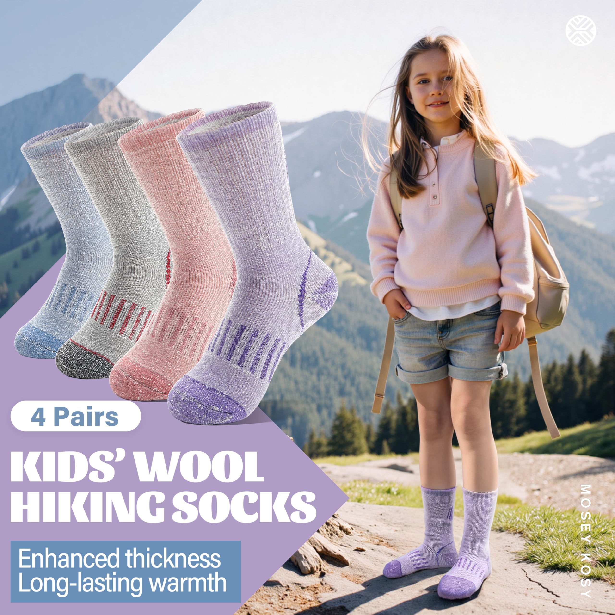 MOSEY KOSY 4 Paar Kinder Merino Wolle Wander Socken Jungen Mädchen Kleinkinder Thermo Winter Warme Stiefel Dicke Polster Snowboard Socken