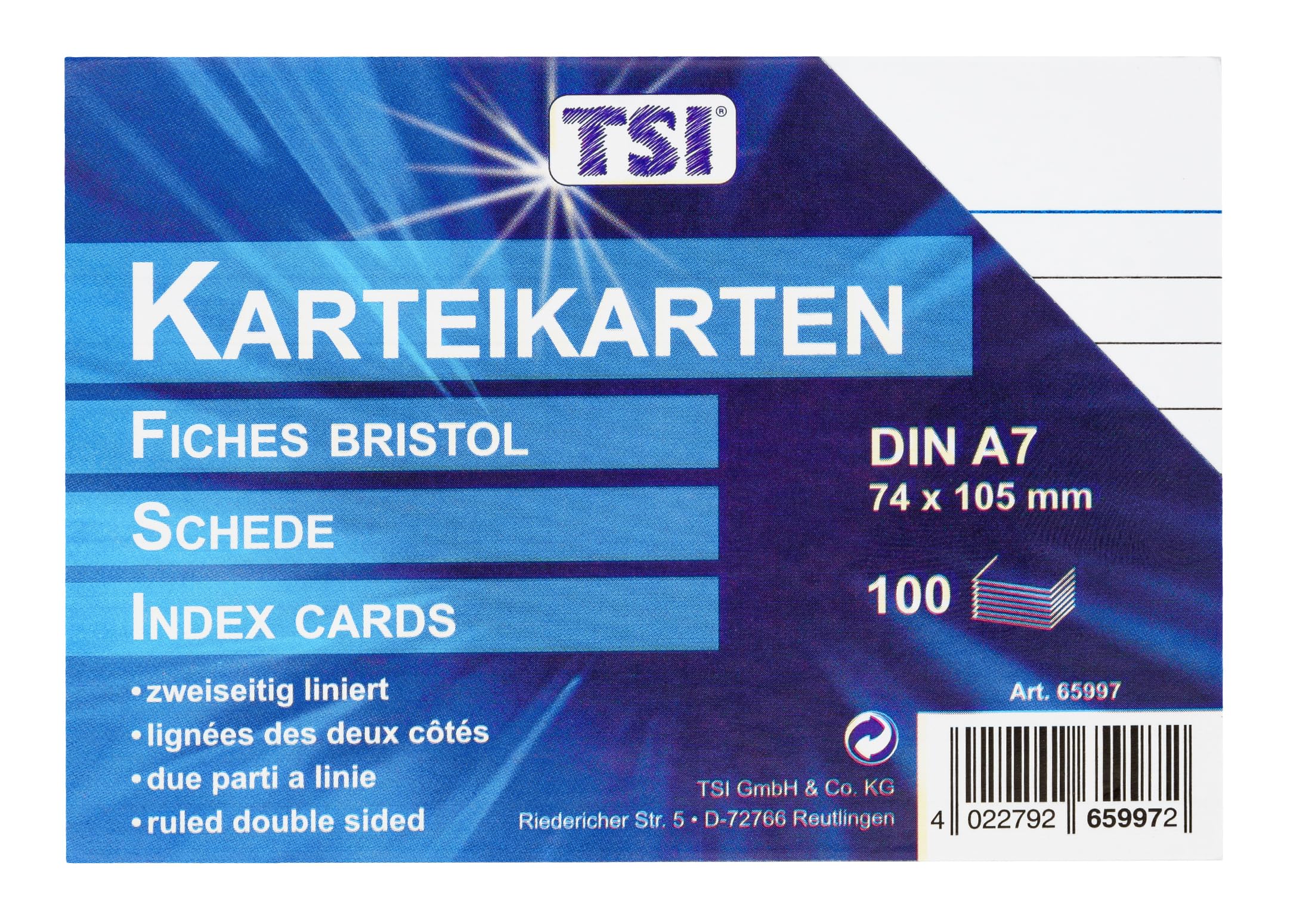 TSI Index Cards DIN A7, 100 Pack-Weißliniert