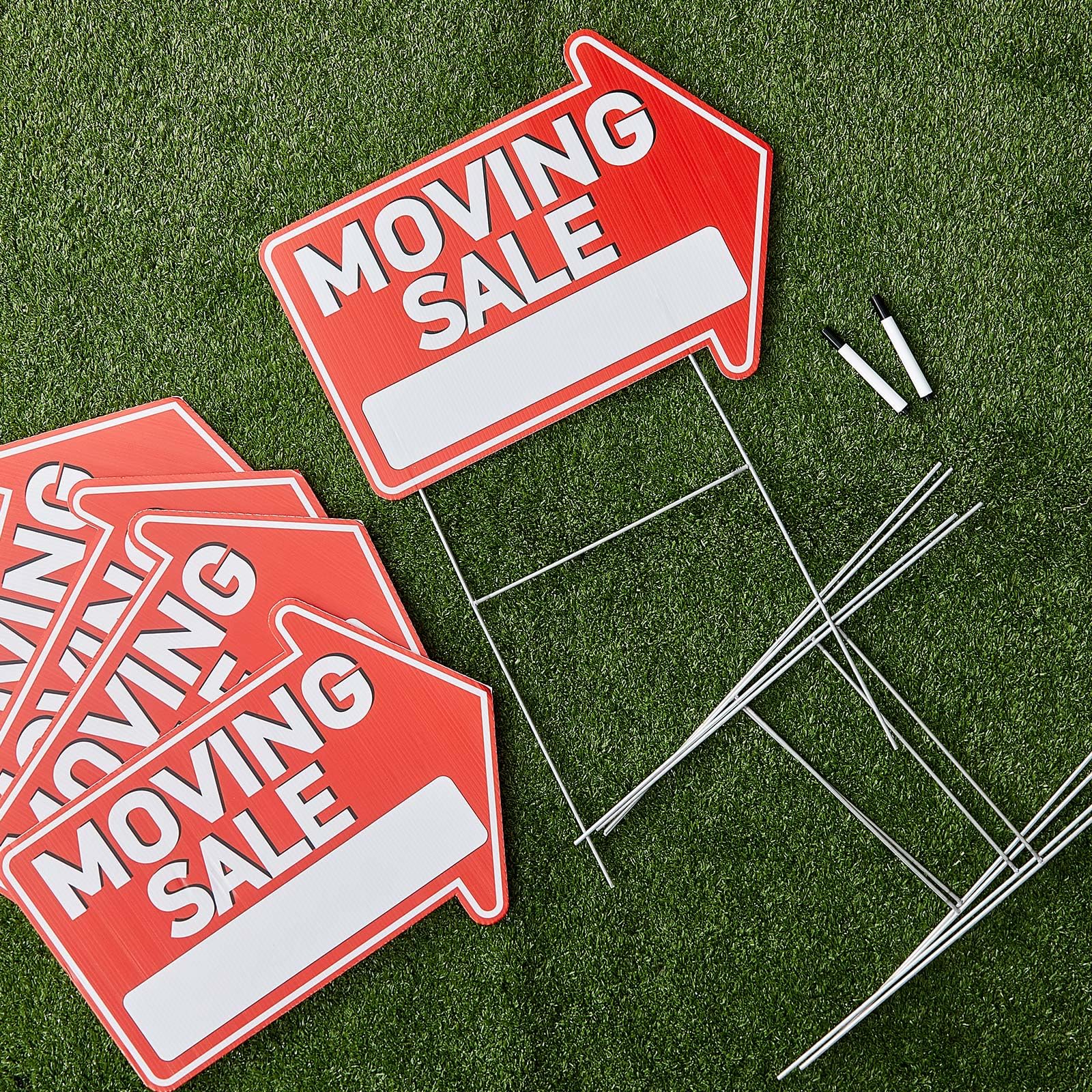 Soaoo 5 letreros de venta de mudanza de 12 x 16 pulgadas, letreros grandes de venta de patio de doble cara con estacas de metal, letrero de venta de propiedad de plástico corrugado con flechas