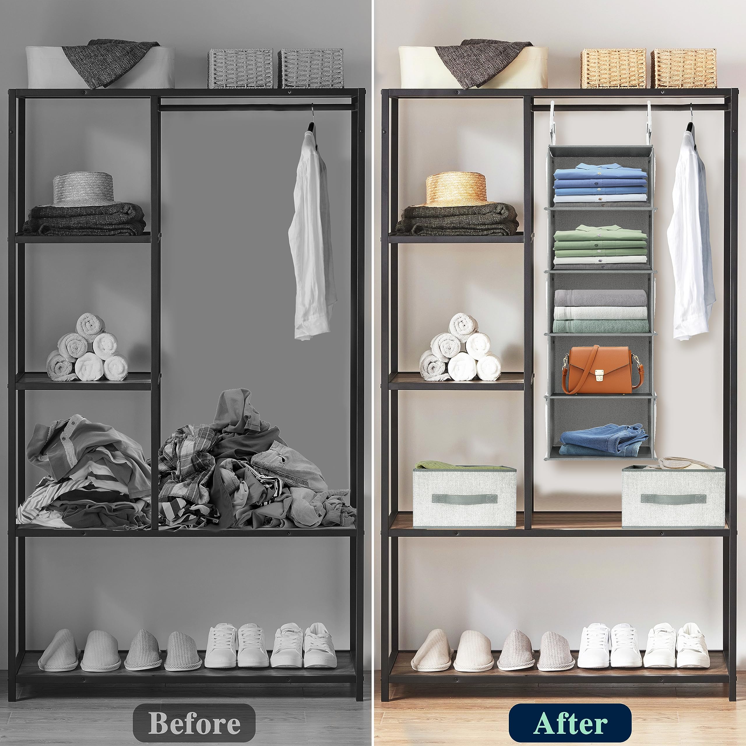 Z&L HOUSE 5 Tier Hanging Closet Organizer, Collapsible Thicken Hanging Shelves, with 3 Side Pockets and 2 Removable Drawers, Suitable for Bedroom Closet Clothing Storage Grey