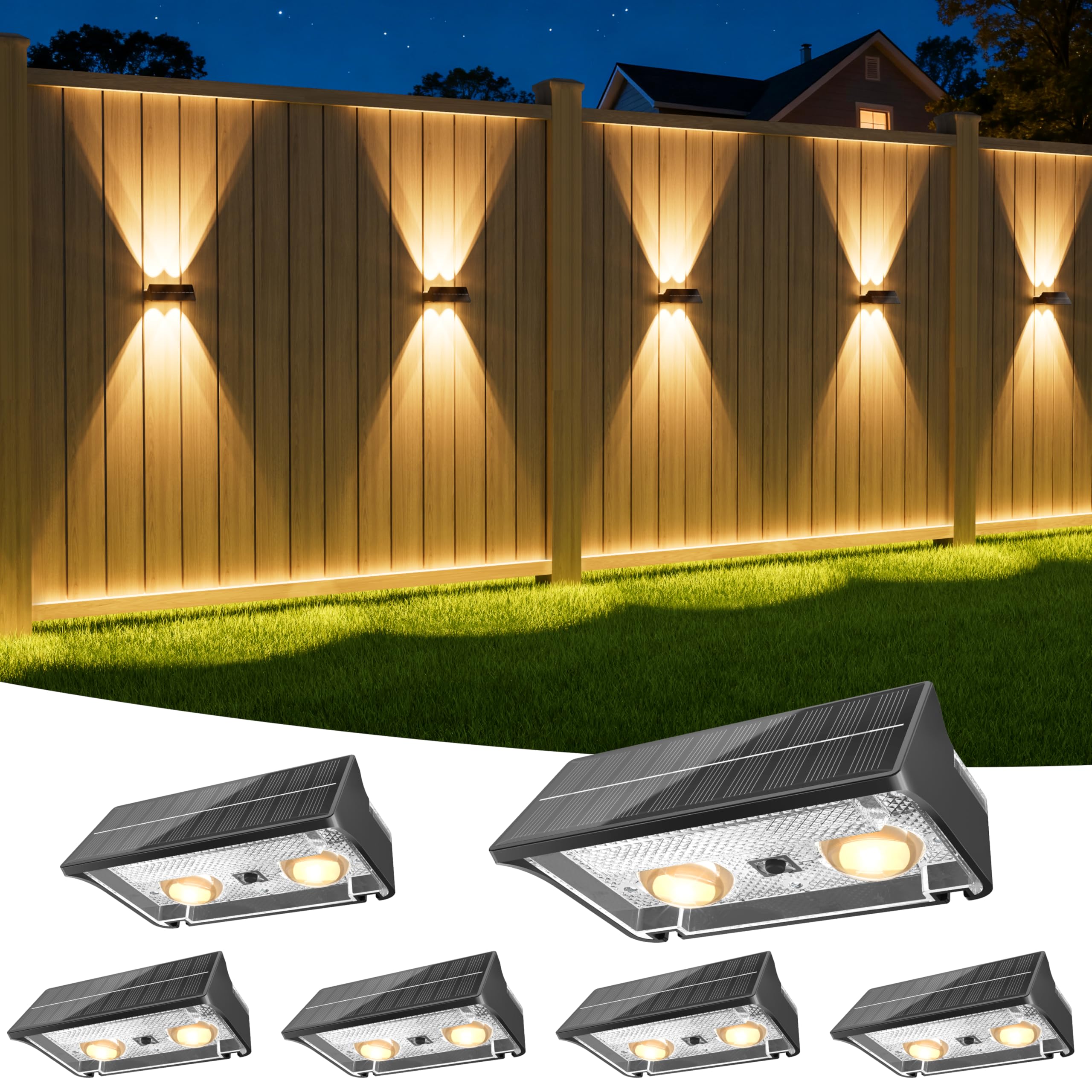 NIORSUN Solar Fence Lights Outdoor Garden, Warm White & RGB, Up & Down Solar Wall Lights Outdoor, Waterproof IP65, Dusk to Dawn for Yard/Pool/Porch (Black | 6 Pack)