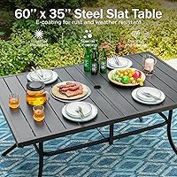Vista 5 de PHI VILLA Mesa rectangular de comedor con listones de acero metálico para 6 personas con agujero ajustable para paraguas, resistente a la intemperie