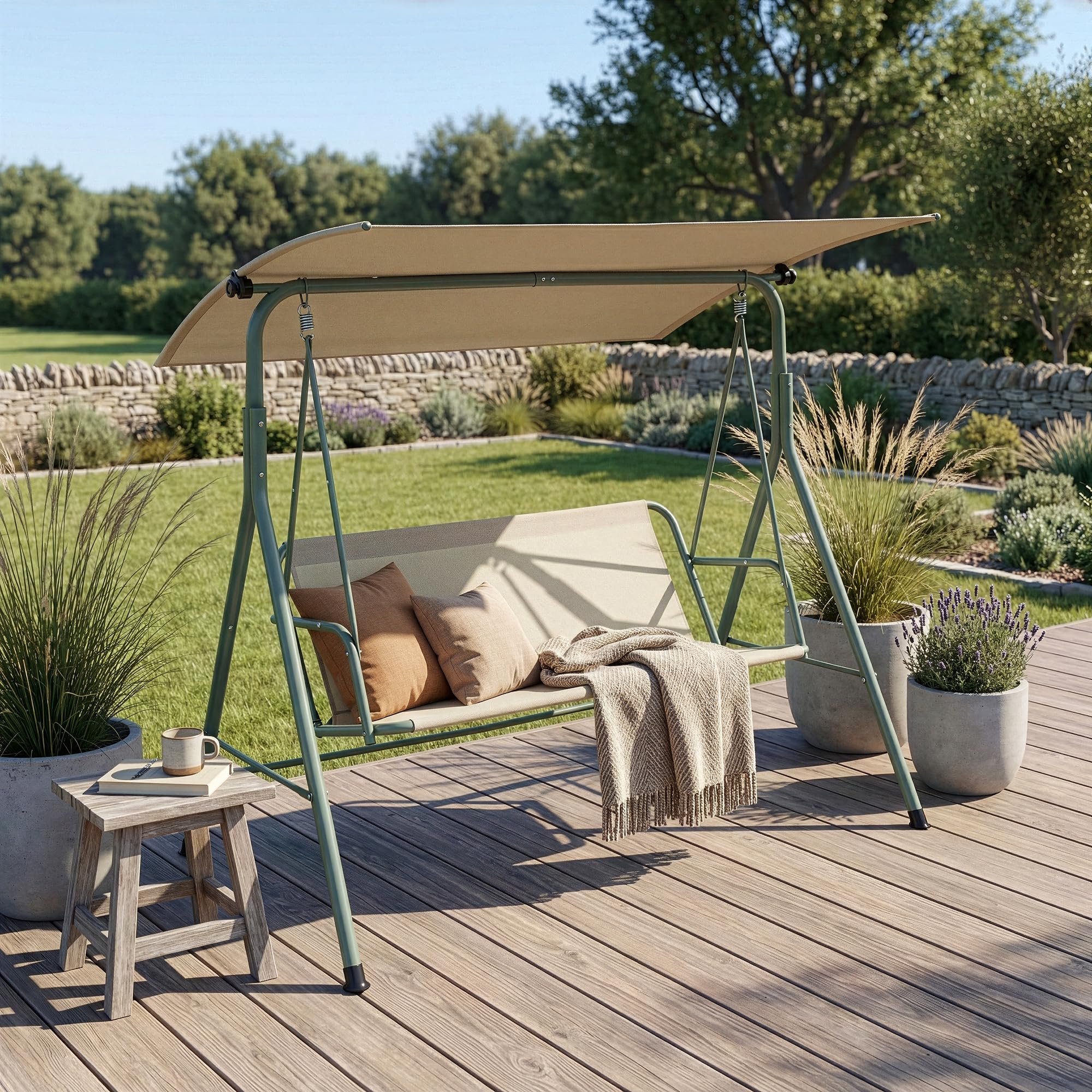 [en.casa] Hollywoodschaukel 3 Sitzer Satten Gartenschaukel Outdoor mit Gestell max. 220 kg mit Dach wetterfest Schaukelbank Balkon 173 x 119 x 153 cm Hellgrün/Beige