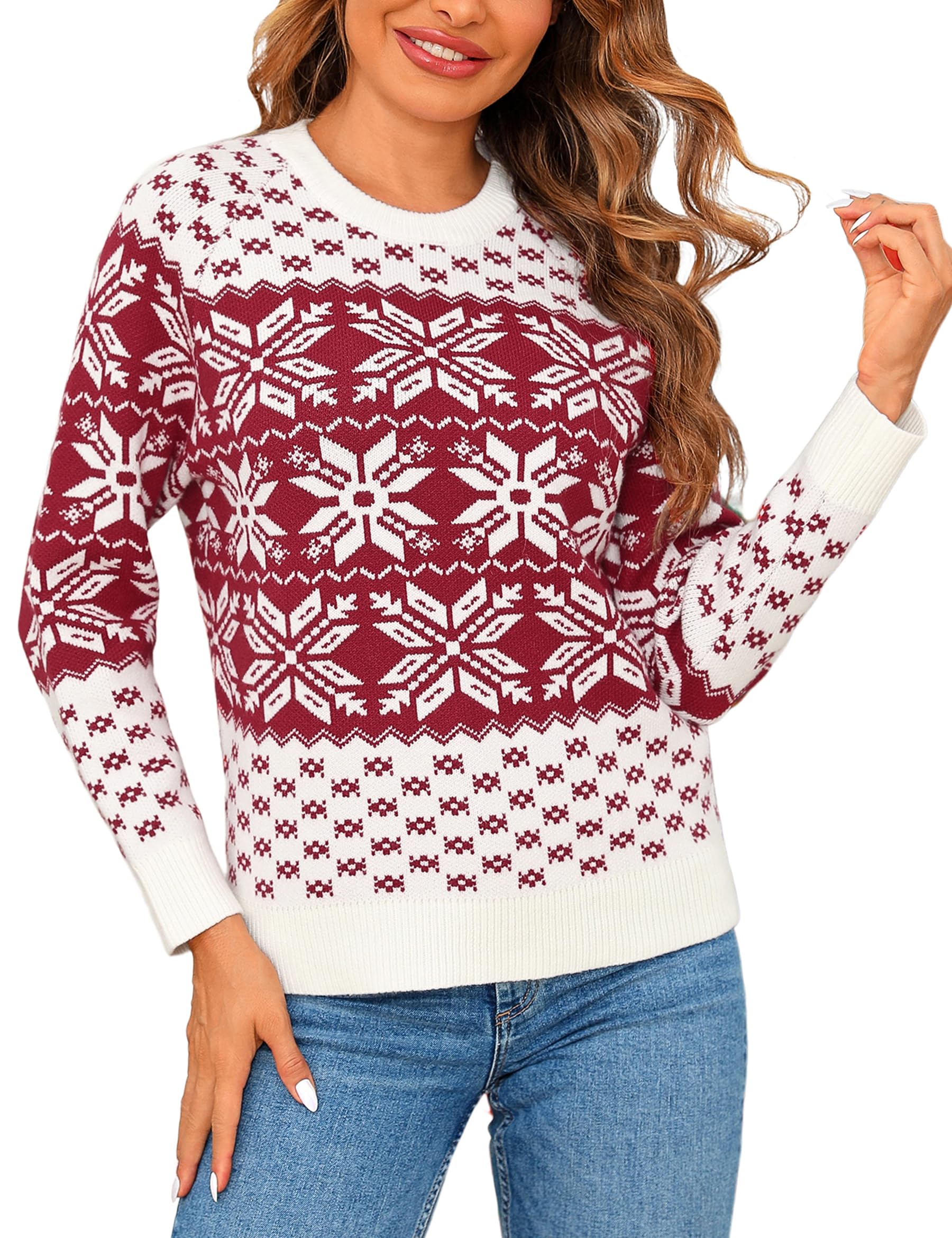 Demegimi Maglioni Natalizi Pullover Natale Maglietta a Manica Lunga Donna Maglione Natalizio Fiocco Neve Alce Girocollo Donna a Maniche Lunghe Maglione Festa Natale