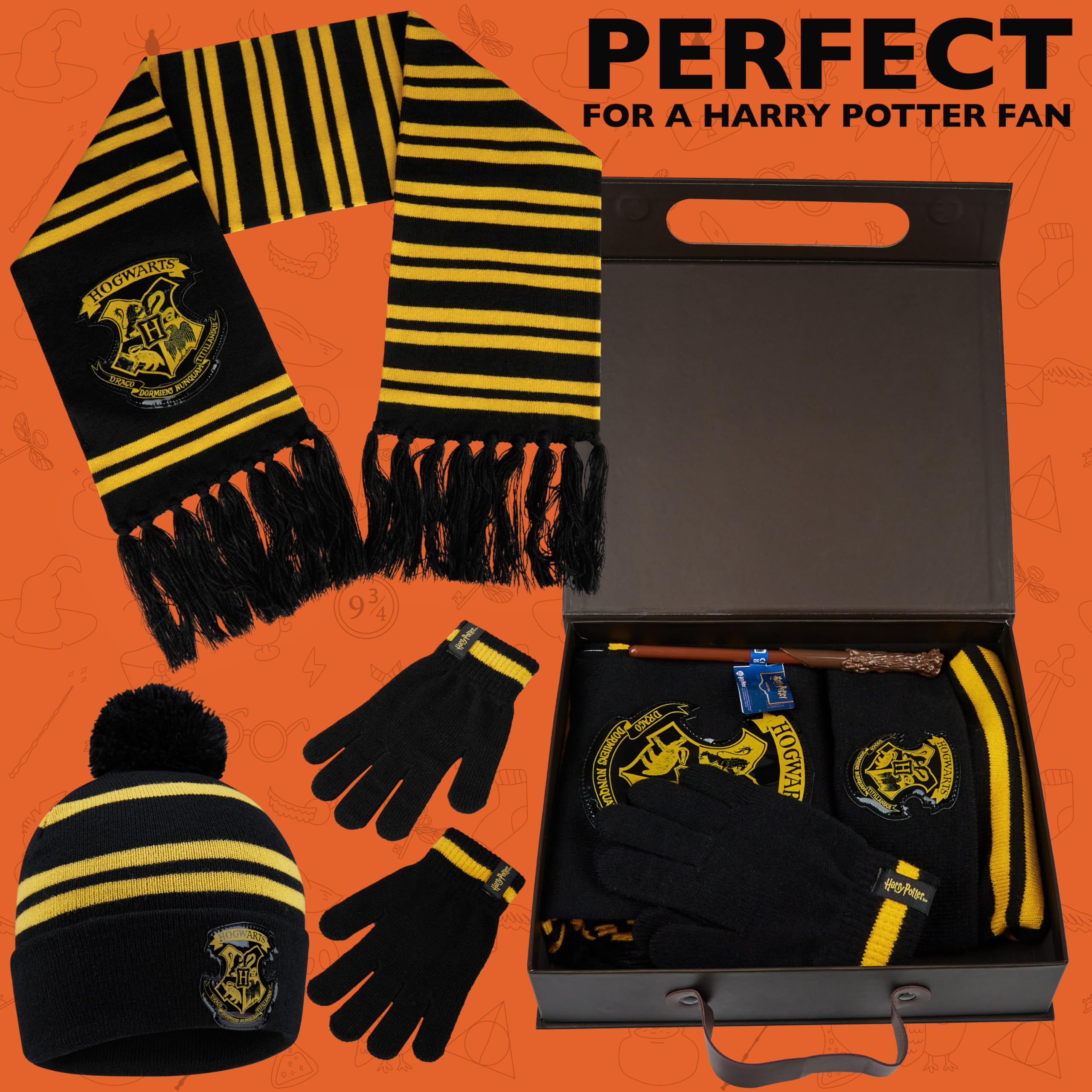 Harry Potter Ensemble Enfant Hiver 4 Pièces, Écharpe Bonnet avec Pompon Gants Stylo Baguette, Cadeau pour Fille Garçons Fans
