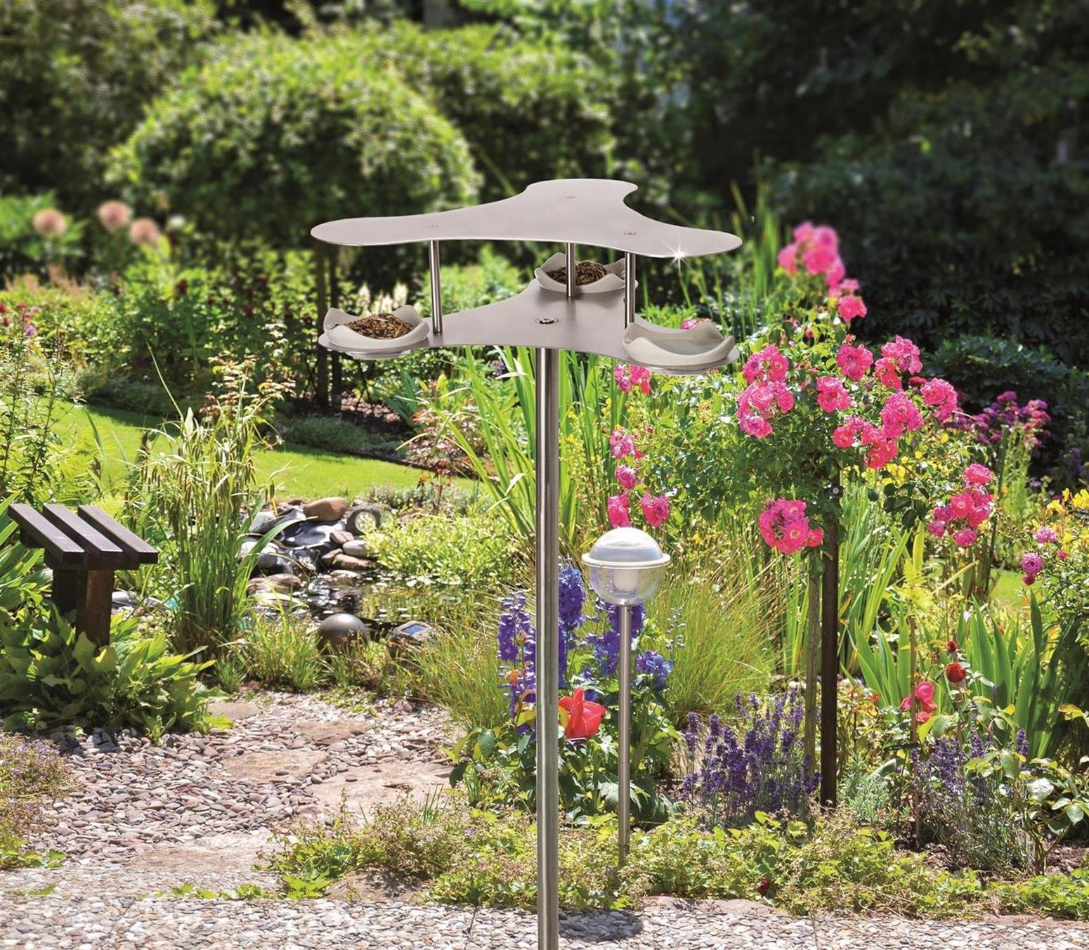 matrasa Design Vogelhotel Penthouse - Futterstation aus gebürstetem Edelstahl mit Keramikschalen - Vogeltränke Futterstelle