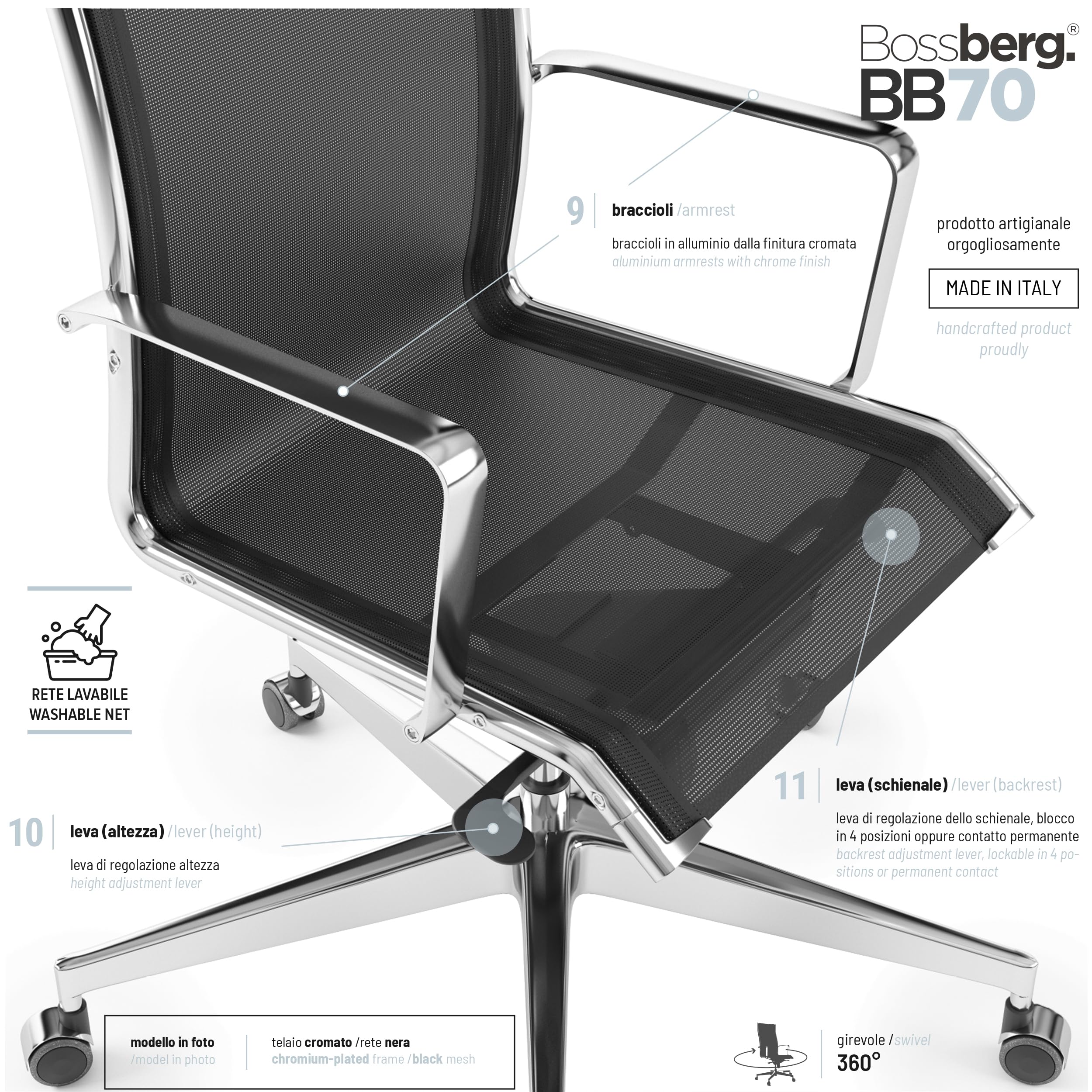 Bossberg BB70 Sedia Ufficio Ergonomica Direzionale con Schienale Alto, Poltrona di Design in Rete Traspirante e Acciaio con Supporto Lombare per Studio Professionale - Cromata Nera
