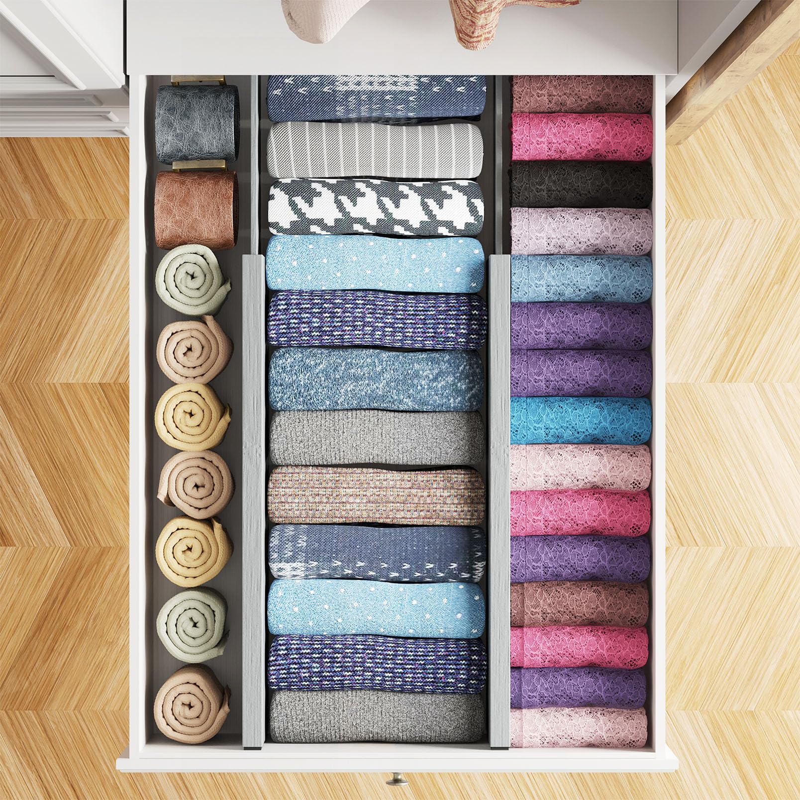 SpaceAid Schubladenteiler aus Bambus, 11,8 cm hoch, verstellbar, 43,2 cm - 55,9 cm, erweiterbare Organisation für Kleidung, Kommoden, Grau, 4 Stück