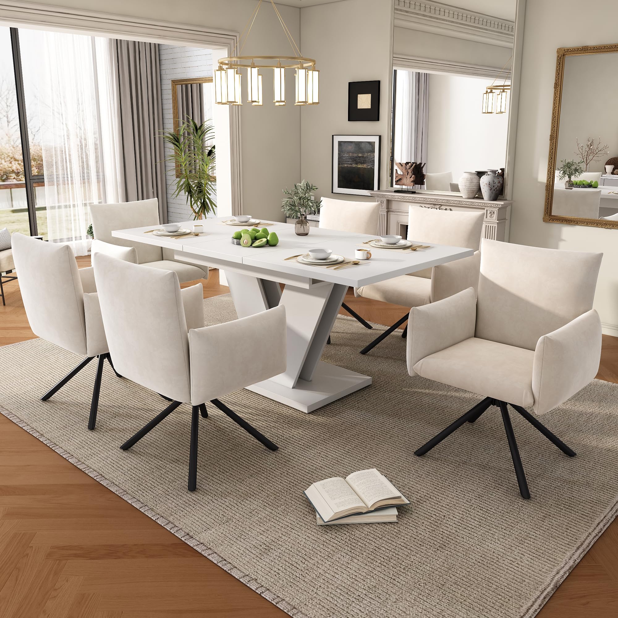 Mesa de comedor extensible 120/160 x 80 x 75,5 cm, adecuada para 4-6 personas, mesa rectangular de madera, mesa de madera gruesa, patas en forma de V, mesa de comedor extensible, color blanco