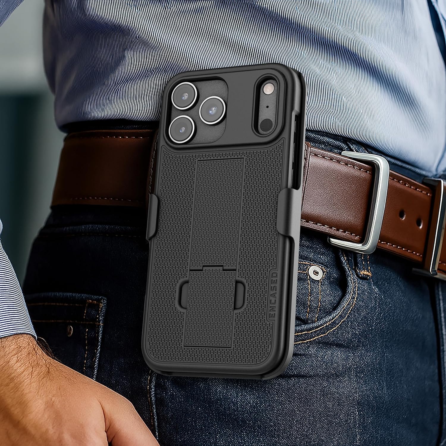Encased® for iPhone 17 PRO Belt Case with Holster Clip and Kickstand, Rubberized Finish (DuraClip Series), Black - Image 2