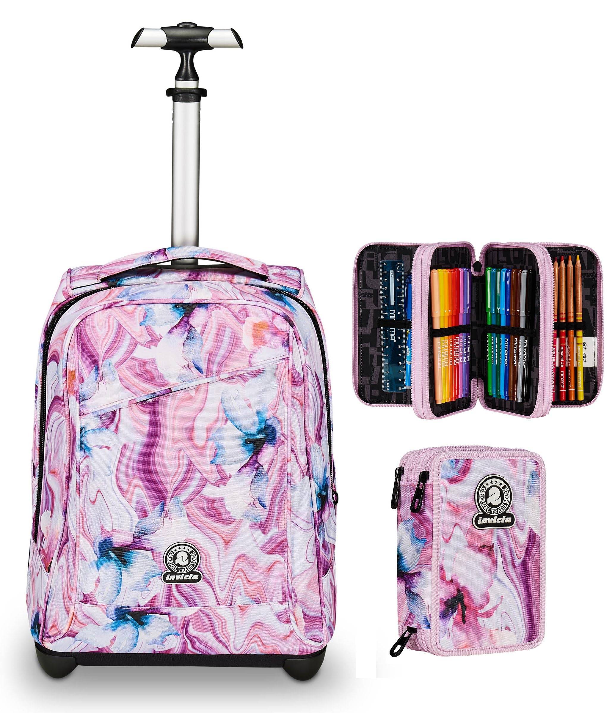 Invicta Trolley Scuola Benin Fantasy GRS, Rosa e Viola, Tasca porta Borraccia + Astuccio Triplo Scomparto,Rosa e Viola Bambina Ragazza