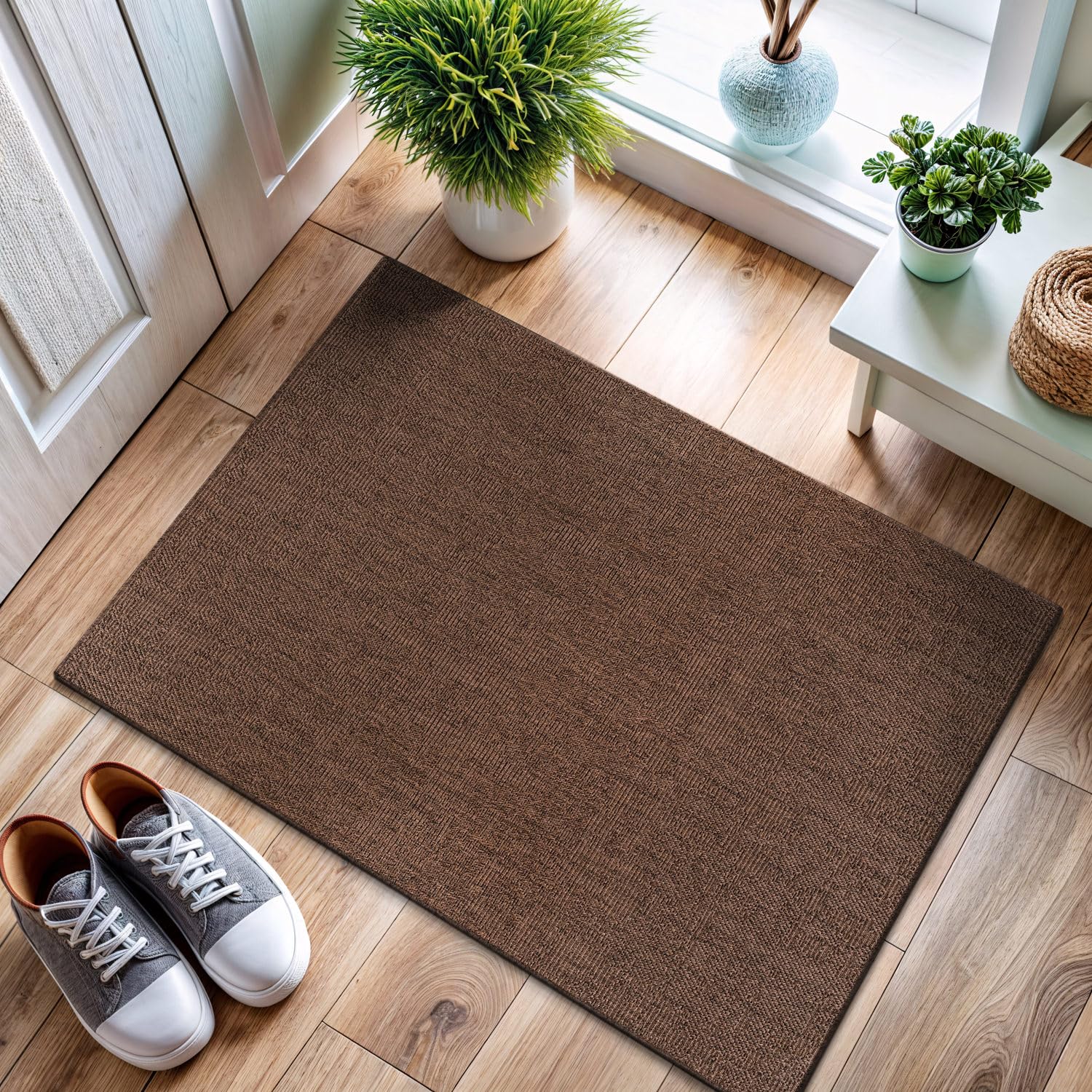 CAMILSON Easy Jute Rug 2x3, Indoor Outdoor Brown Color Fiber Area Rugs for Living Room and Kitchen Rug, Solid Boho Woven Design, Easy-Cleaning,
