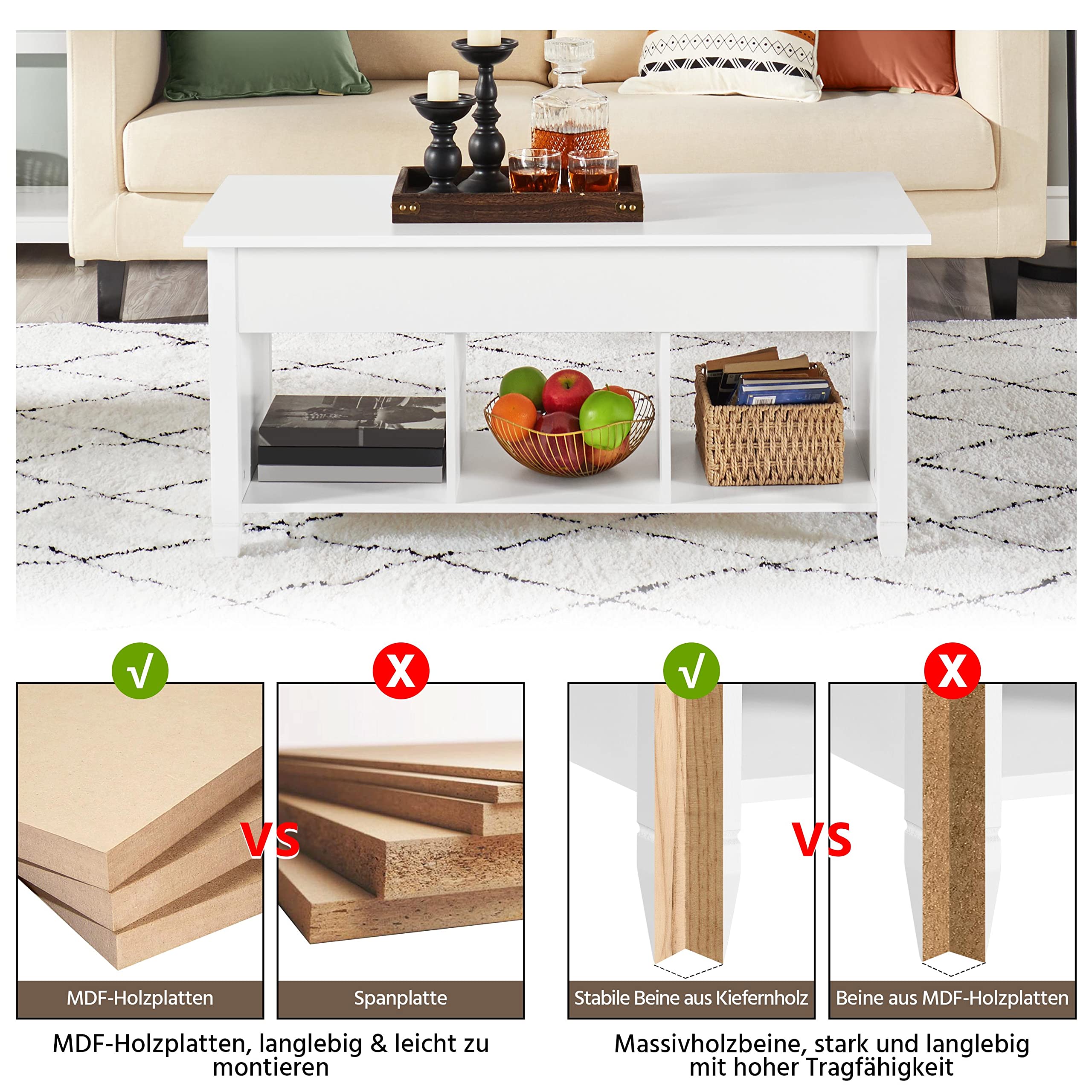 Yaheetech Couchtisch höhenverstellbar Kaffeetisch mit Hebeplatte Hubtisch versteckter Stauraum Beistelltisch aus Holz Sofatisch für Wohnzimmer Weiß