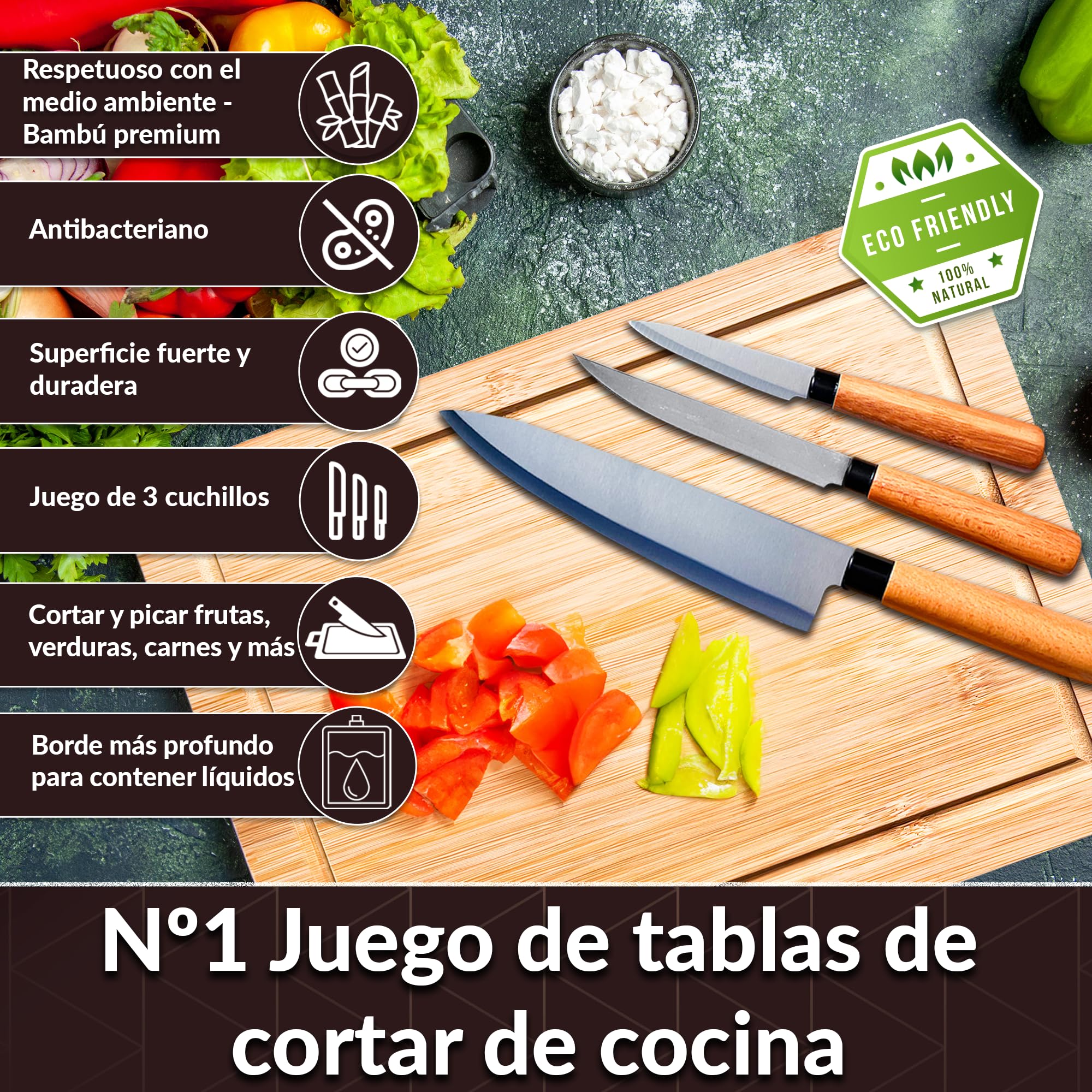 Tabla Cortar Cocina Madera con Set de 3 Cuchillos Profesional. Juego de Utensilios de Cocina Incluye Tabla de Cortar Cocina Madera de Bambú de 35x25x1cm y Cuchillos Ideal para Picar y Cortar Alimentos
