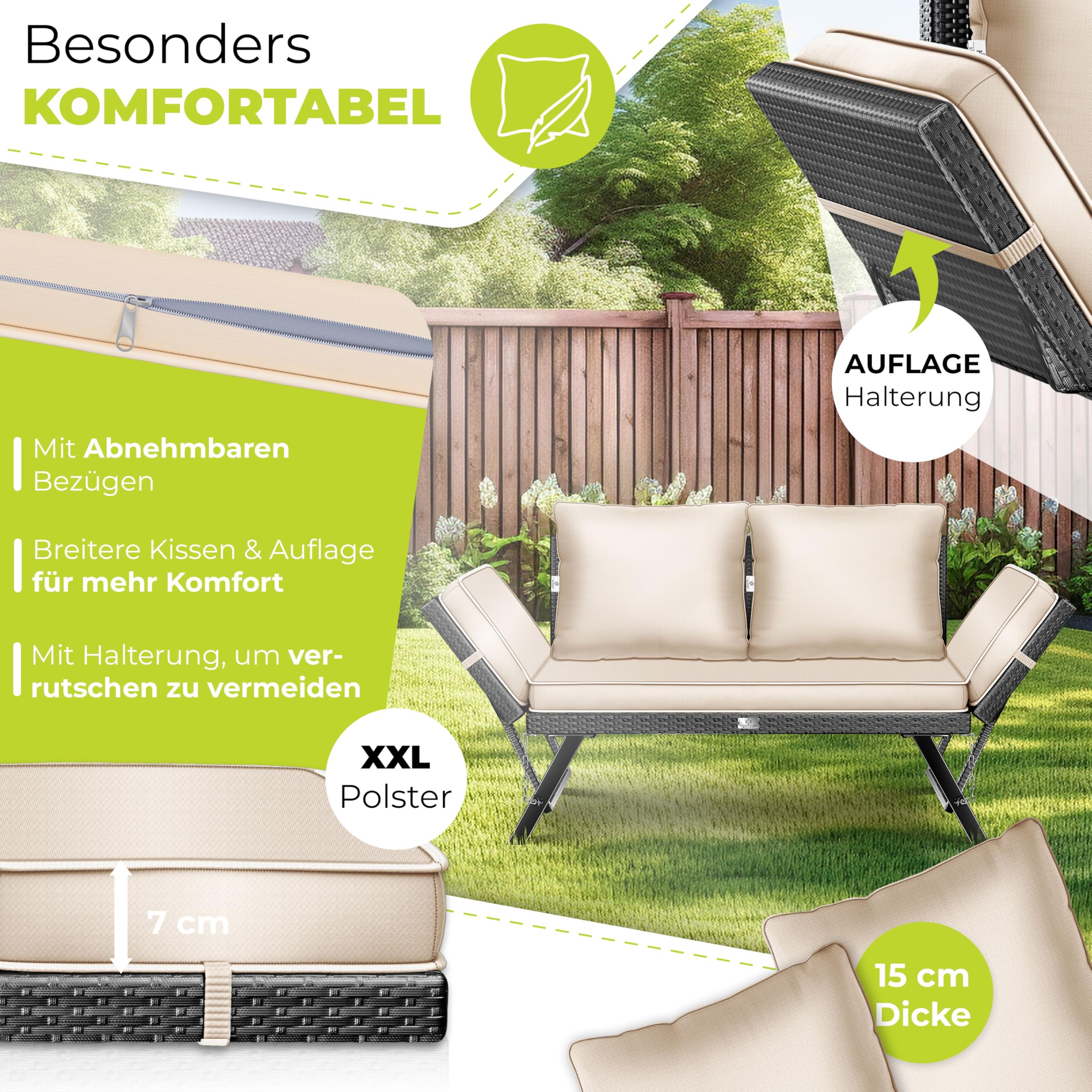 KESSER® Panchina da giardino in polyrattan Luna con funzione sdraiata, divano da giardino 4 in 1, con funzione di regolazione 4 in 1, resistente alle intemperie, braccioli regolabili, extra spessore e