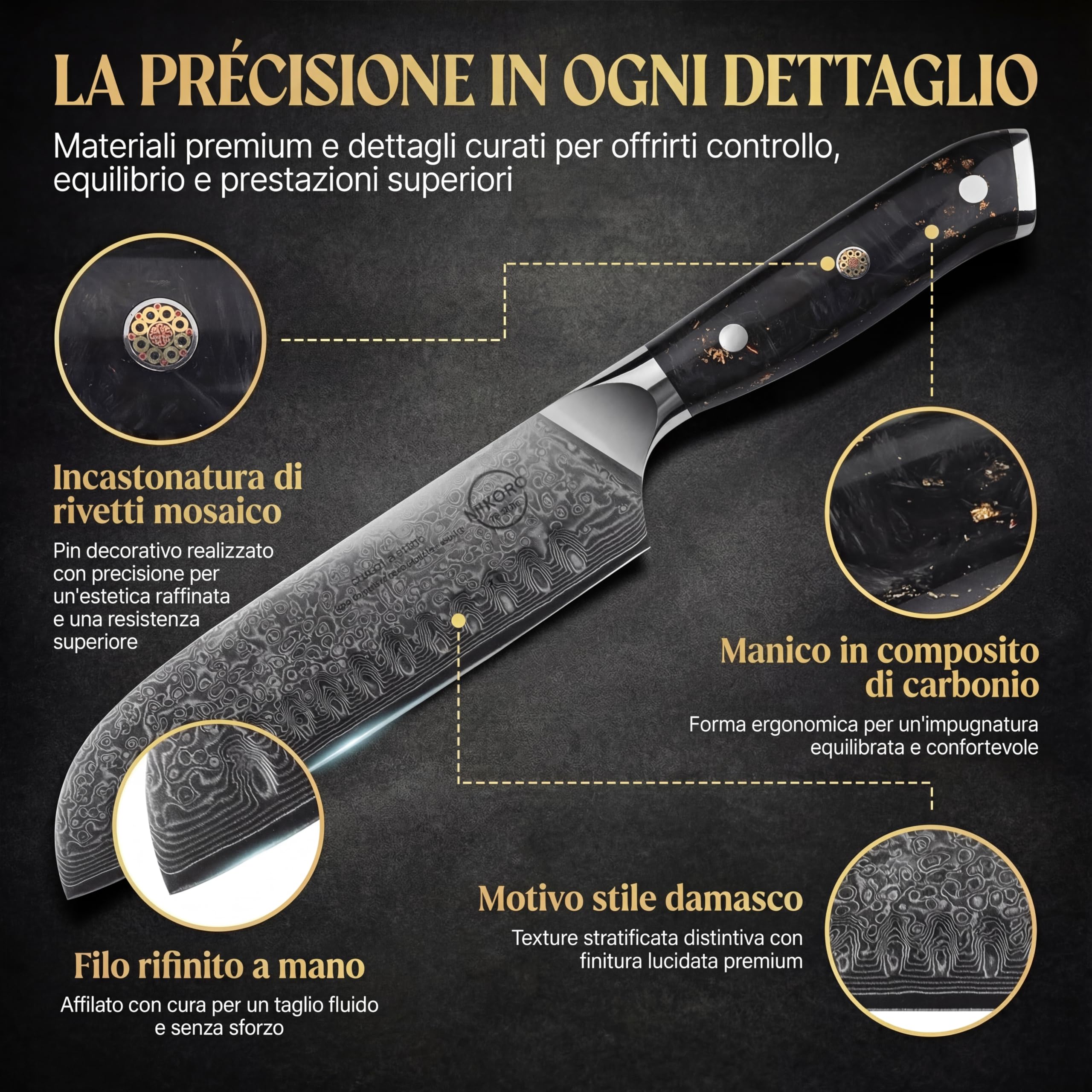 MIKORO Coltello Santoku Giapponese 18 cm, Lama Damasco a 67 Strati, Acciaio Inox ad Alto Tenore di Carbonio, Coltello da Cucina Ultra Affilato con Manico Ergonomico Nero.