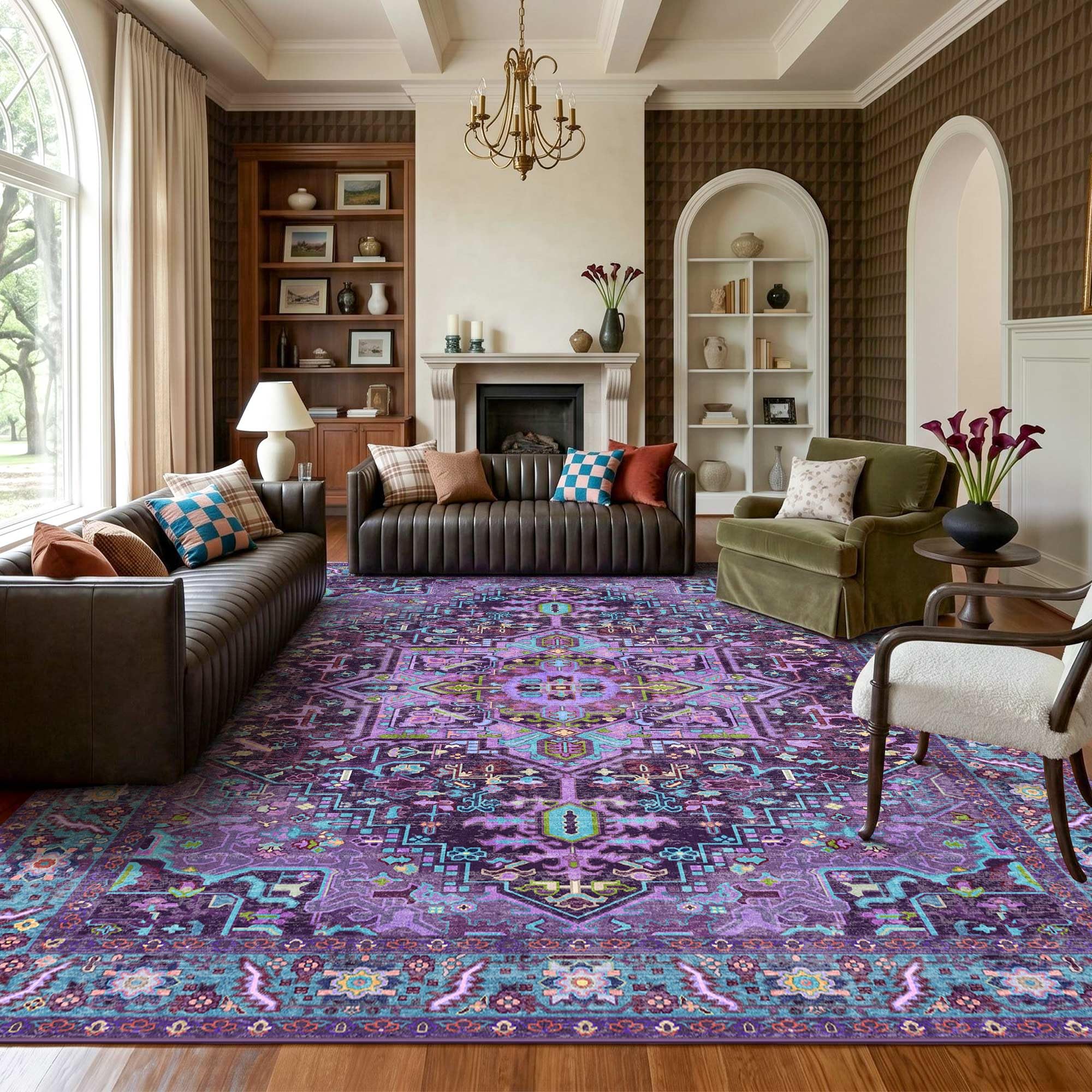 10x14 Purple and Turquoise Vintage Boho Oriental Soft Washable Area Rug