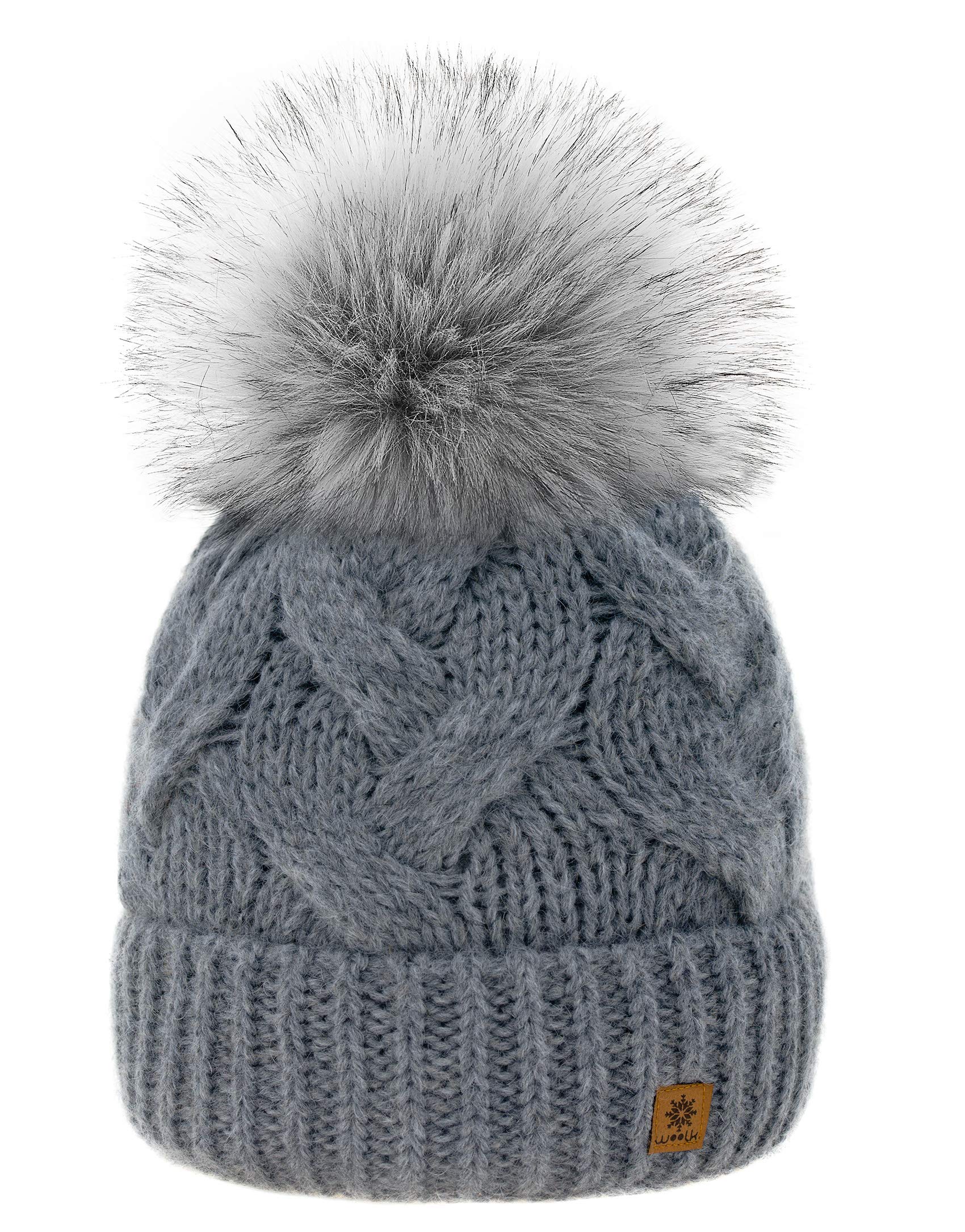 MFAZ Morefaz Ltd Women Winter Hat Mohair Wool Beanie Hat Worm Knitted Hats Fleece Pom Pom (Grey)