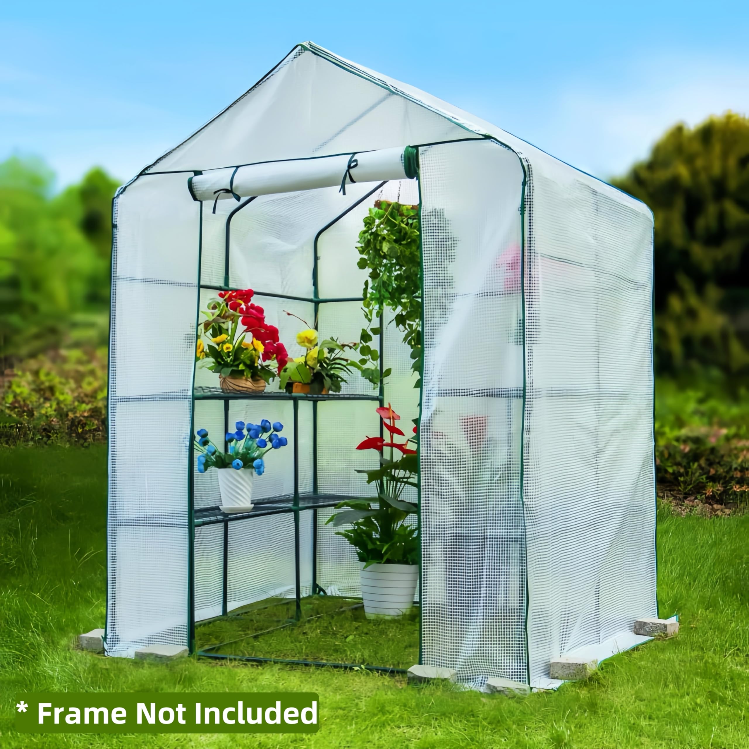 Copertura di ricambio per serra, 142 x 142 x 190 cm, piccola copertura in plastica portatile per esterni, con porta arrotolabile con cerniera per piante da giardinaggio, impermeabile e antivento