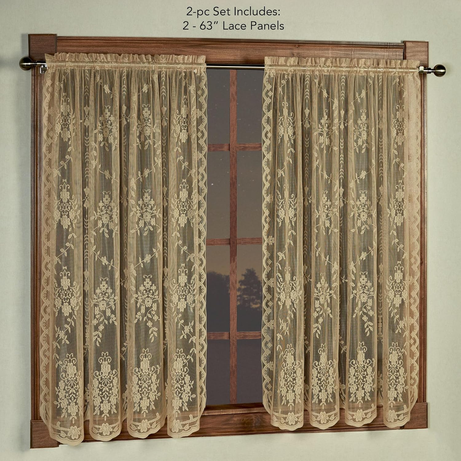 Luxury Sheer Polyester Fiona Lace Window Treatment | Beautiful Window 63L Panel Pair | Timeless Classic Traditional | Antique Gold | Elegance | Rod Pocket Curtains | Machine washable | Light Filtering