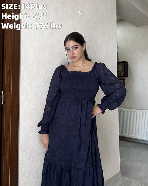 Plus Size Dresses Wedding Guest Fall Navy Blue Women Midi Long Sleeve Lace Semi Formal A Line Winter Smocked Flowy Dress