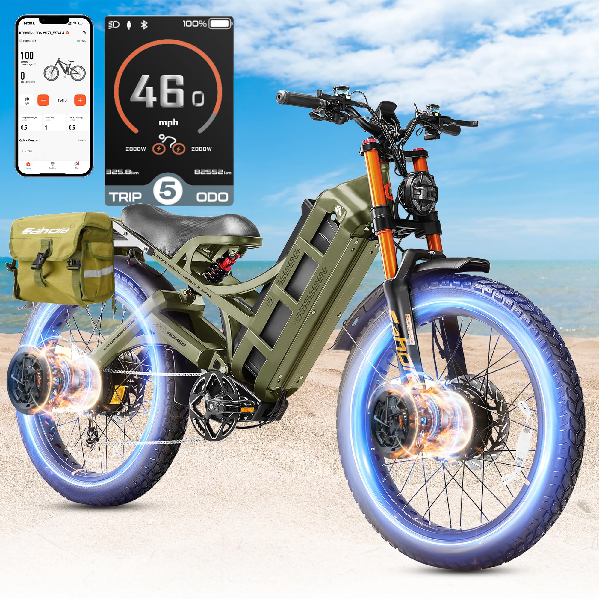 2026 eAhora Romeo Pro 3/2 52-46 Mph Electric Bike for Adults, 6000W/4000W/2500W Dual Motor Ebike 60V 80Ah/52V 70Ah Battery 235+Miles Long Range, 26*4.0"/20*4.5" Fat Tire, Full Suspension, All Terrain