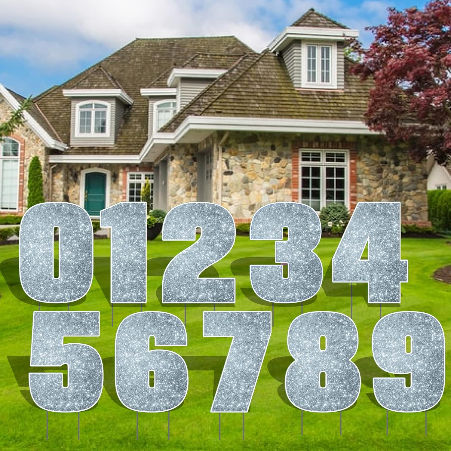 VictoryStore Jumbo Yard Sign Numbers: 35 Inch Lawn Numbers Includes 0-9, Numbers for Yard Card Business, Includes EZ Stakes (Silver Sparkle)