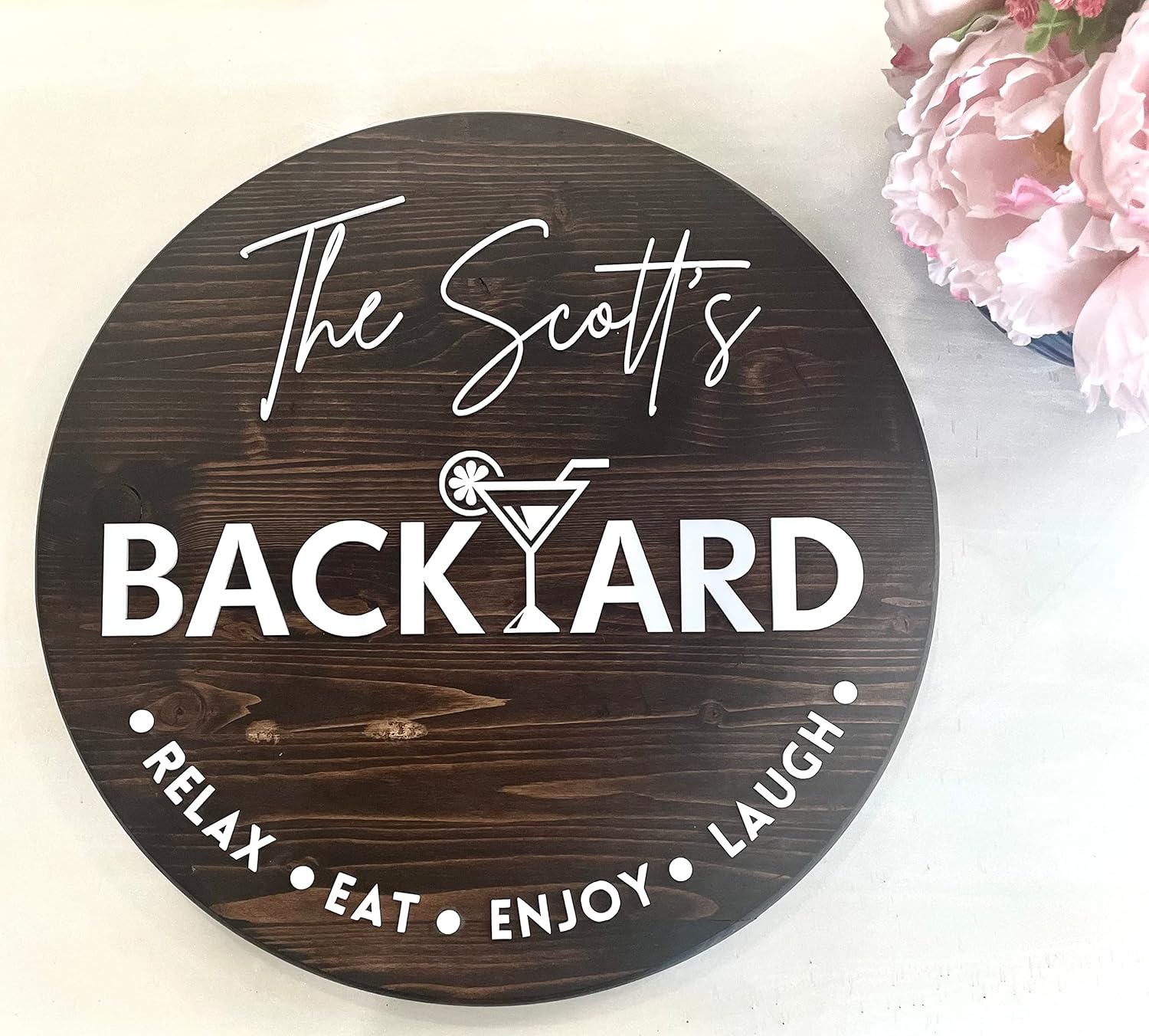 Custom backyard round sign, wooden backyard sign, personalized family name sign, bar sign, patio sign, housewarming gift, wooden round sign (Large, Dark Walnut)