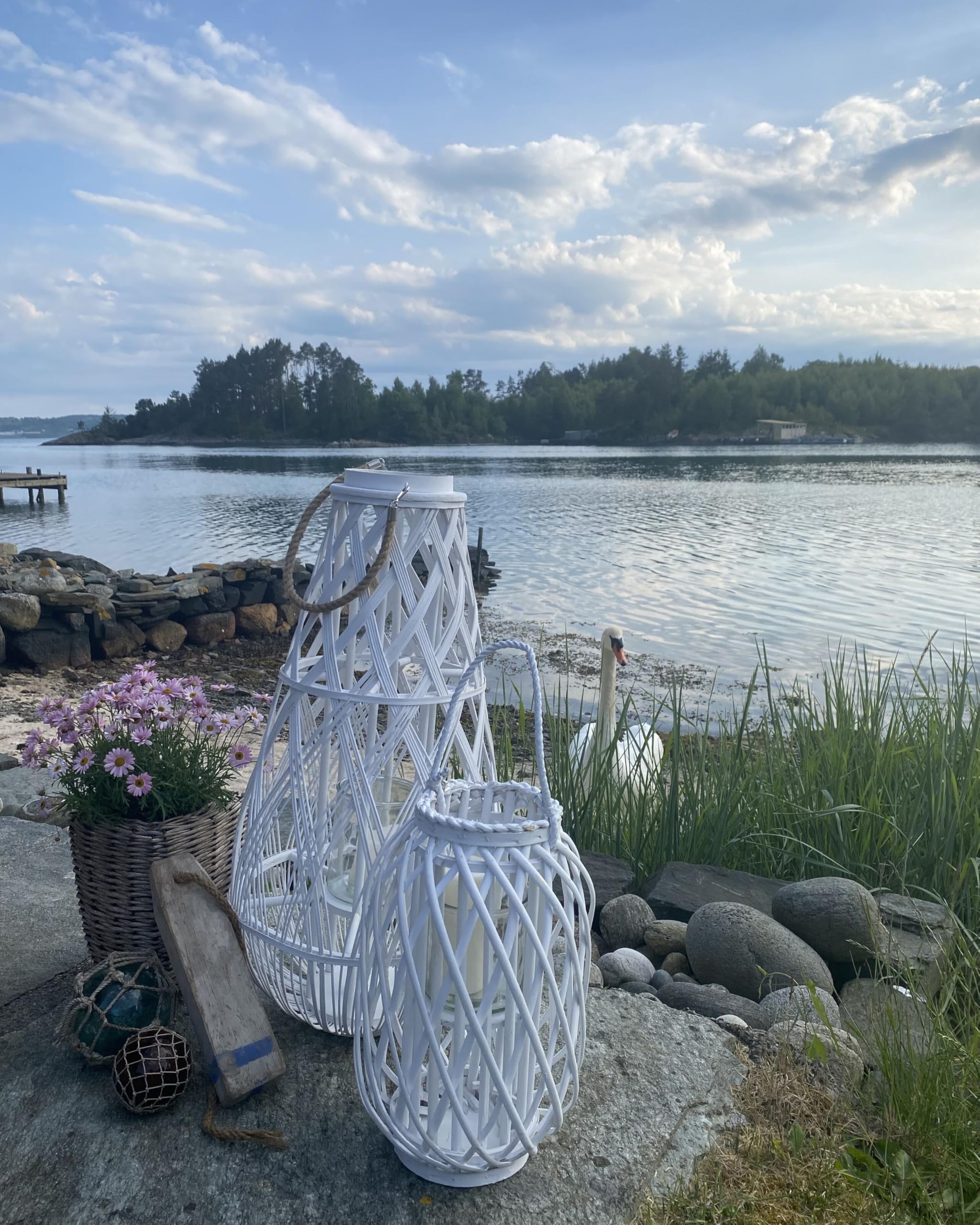 Bambusowy lampion dekoracyjny 77 cm na świeczkę pleciony biały Tonga