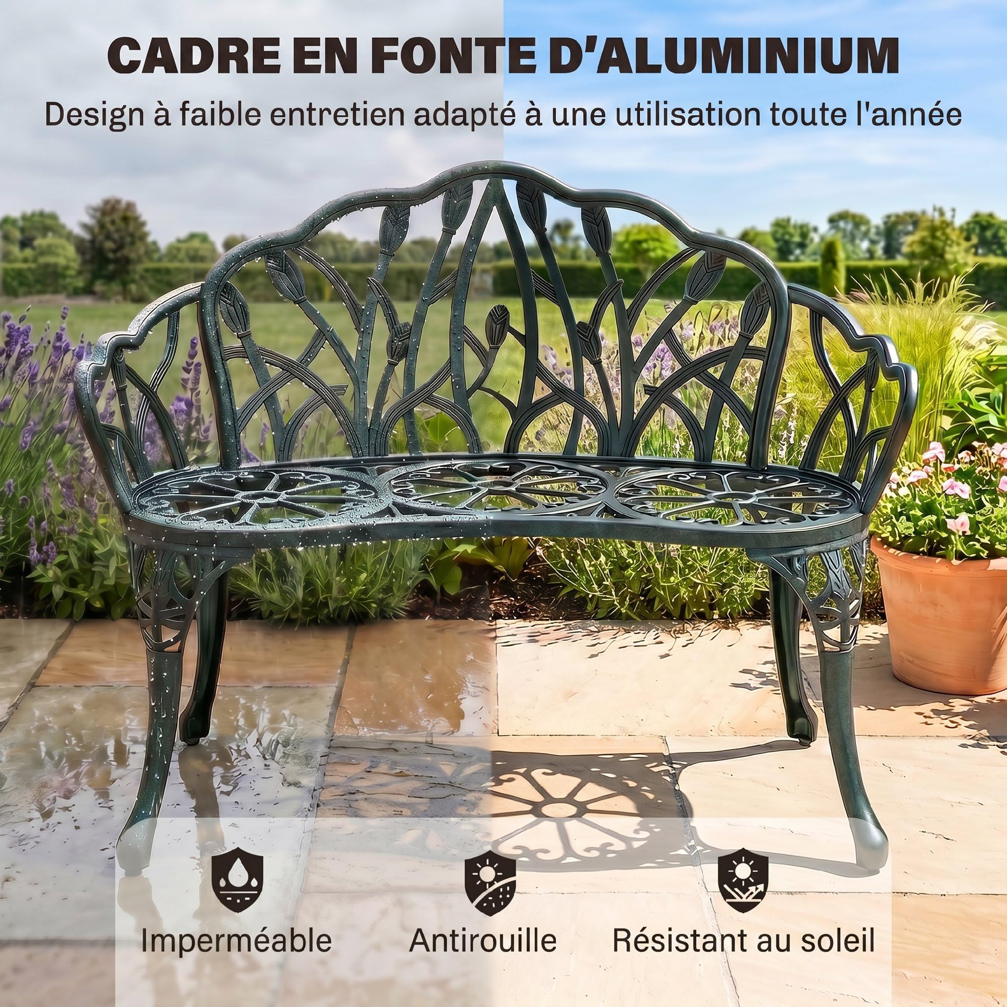 Outsunny Banc de Jardin en Aluminium Moulé 99 x 57 x 78 cm Vert Antique