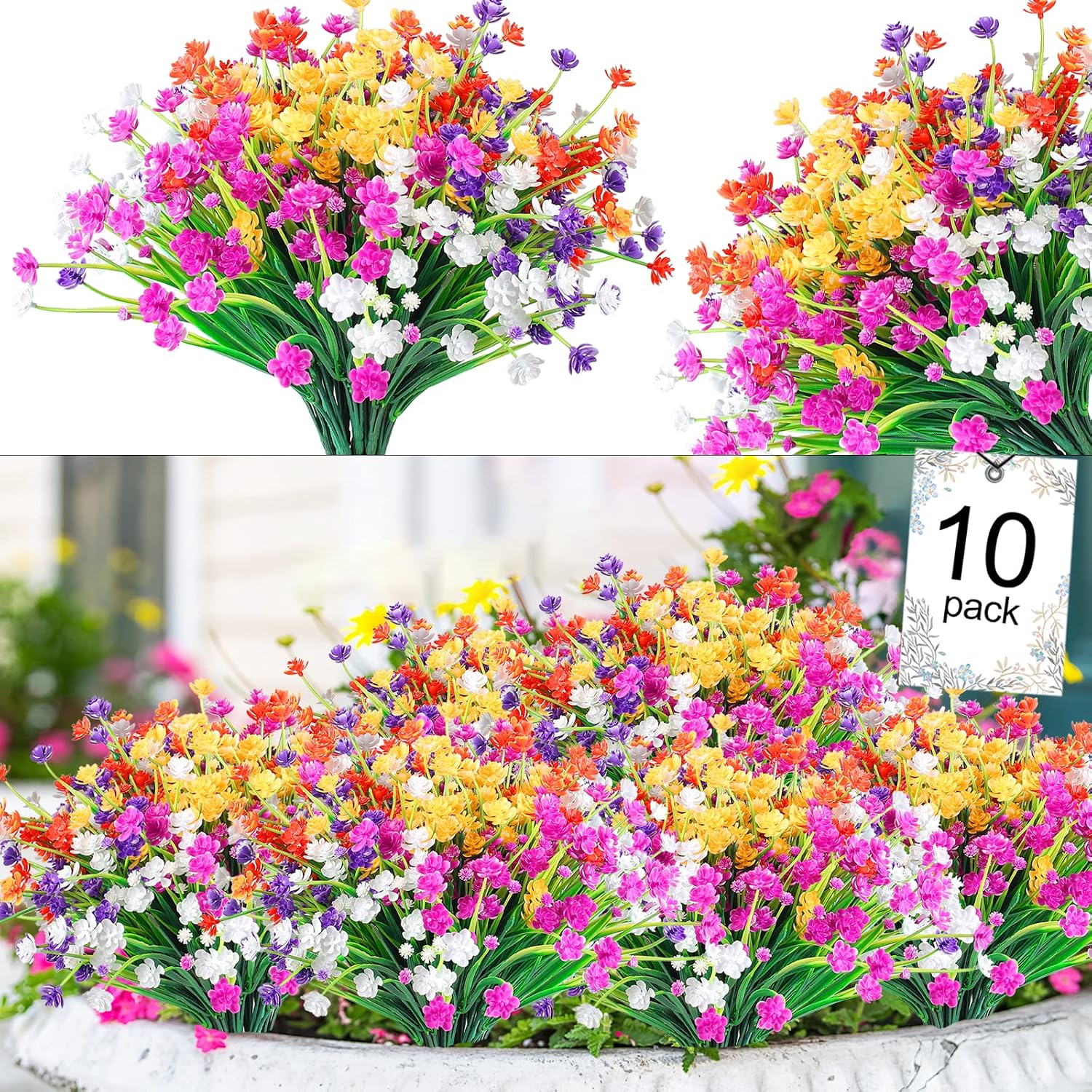 10pcs Artificial Fake Flowers, Plastic Flowers for Outdoors Decoration, UV Resistant Faux Flowers Shrubs, Artificial Plants for Indoor Outside Garden Home Wedding Farmhouse