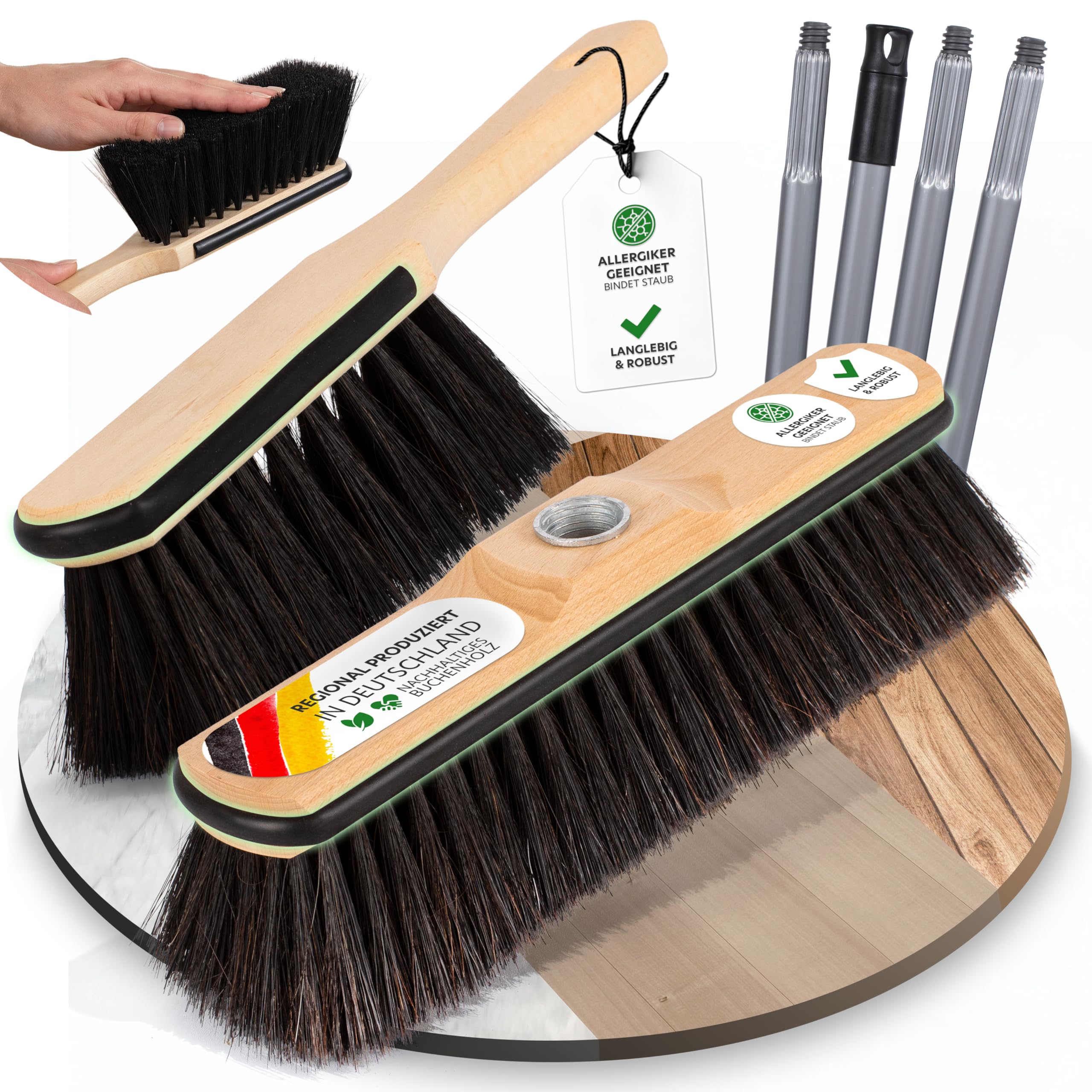 ORGAFLIX Premium Zestaw miotły z uchwytem i szczotki ręcznej - zestaw do zamiatania z mieszanką włosia konia, dodatkowo odpylający, gwint ocynkowany 24 mm, uchwyt miotły regulowany 60–130 cm