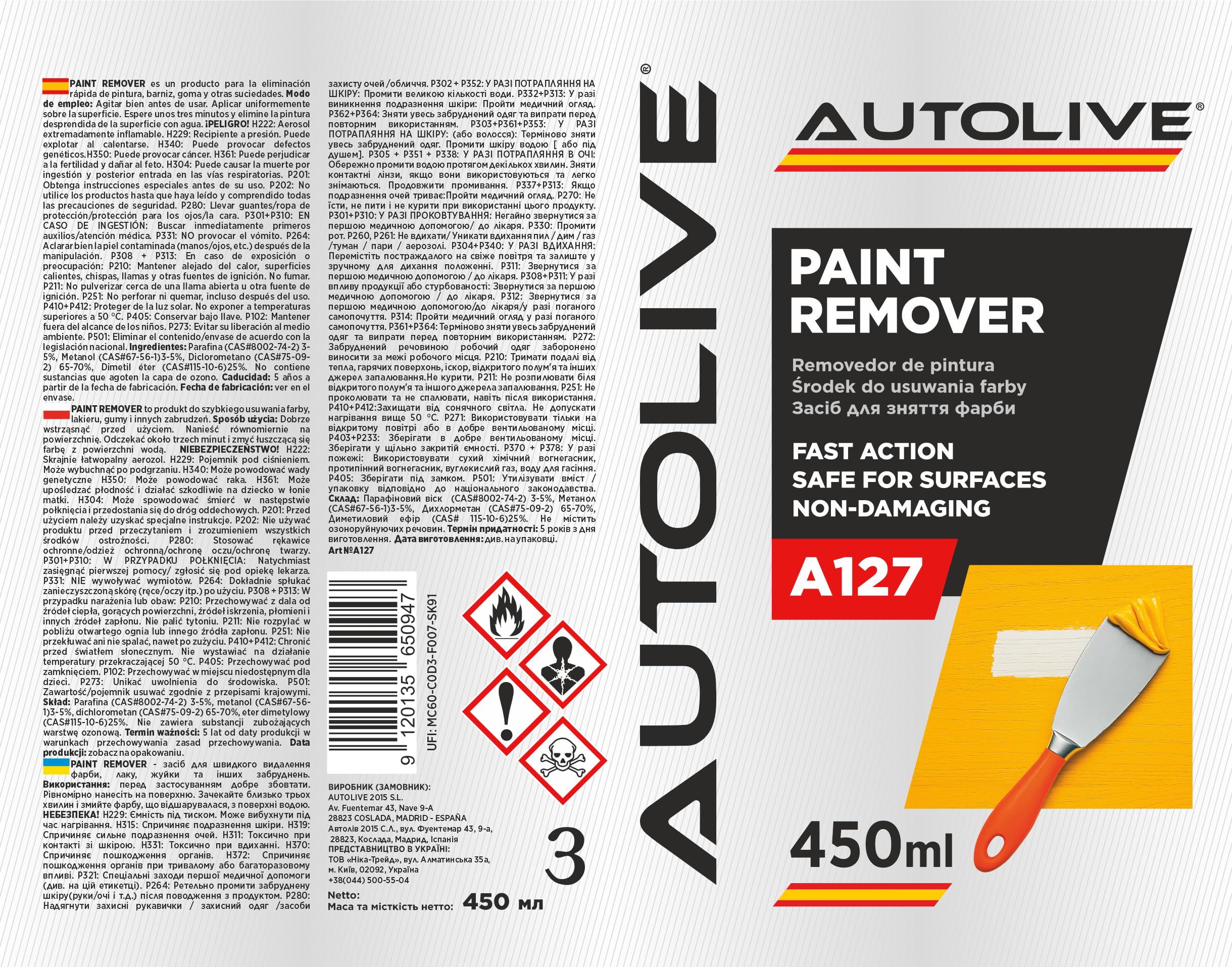AUTOLIVE Eliminador de Pintura Profesional Spray Pack de 3 x 450 ml – Acción Rápida, Seguro para Superficies y No Dañino – Elimina Pintura, Laca, Goma de Mascar y Suciedad Difícil