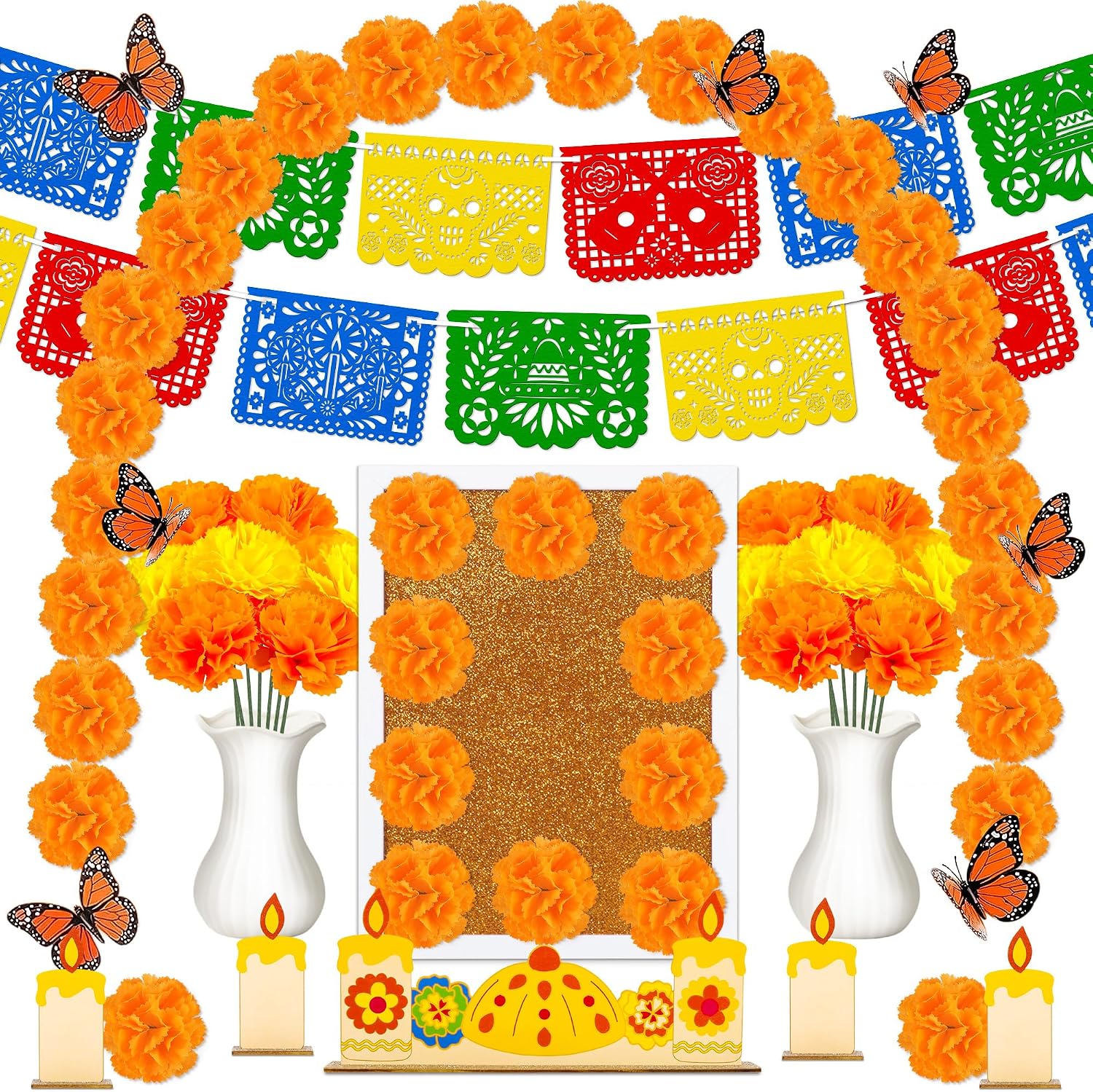 Dia De Los Muertos Decorations Shadow Box Papel Picado Marigold Butterfly Wooden Board Day of The Dead Altar Ofrenda Decor Remembrance Memorial Supplies