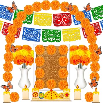 Dia De Los Muertos Decorations Shadow Box Papel Picado Marigold Butterfly Wooden Board Day of The Dead Altar Ofrenda Decor Remembrance Memorial Supplies